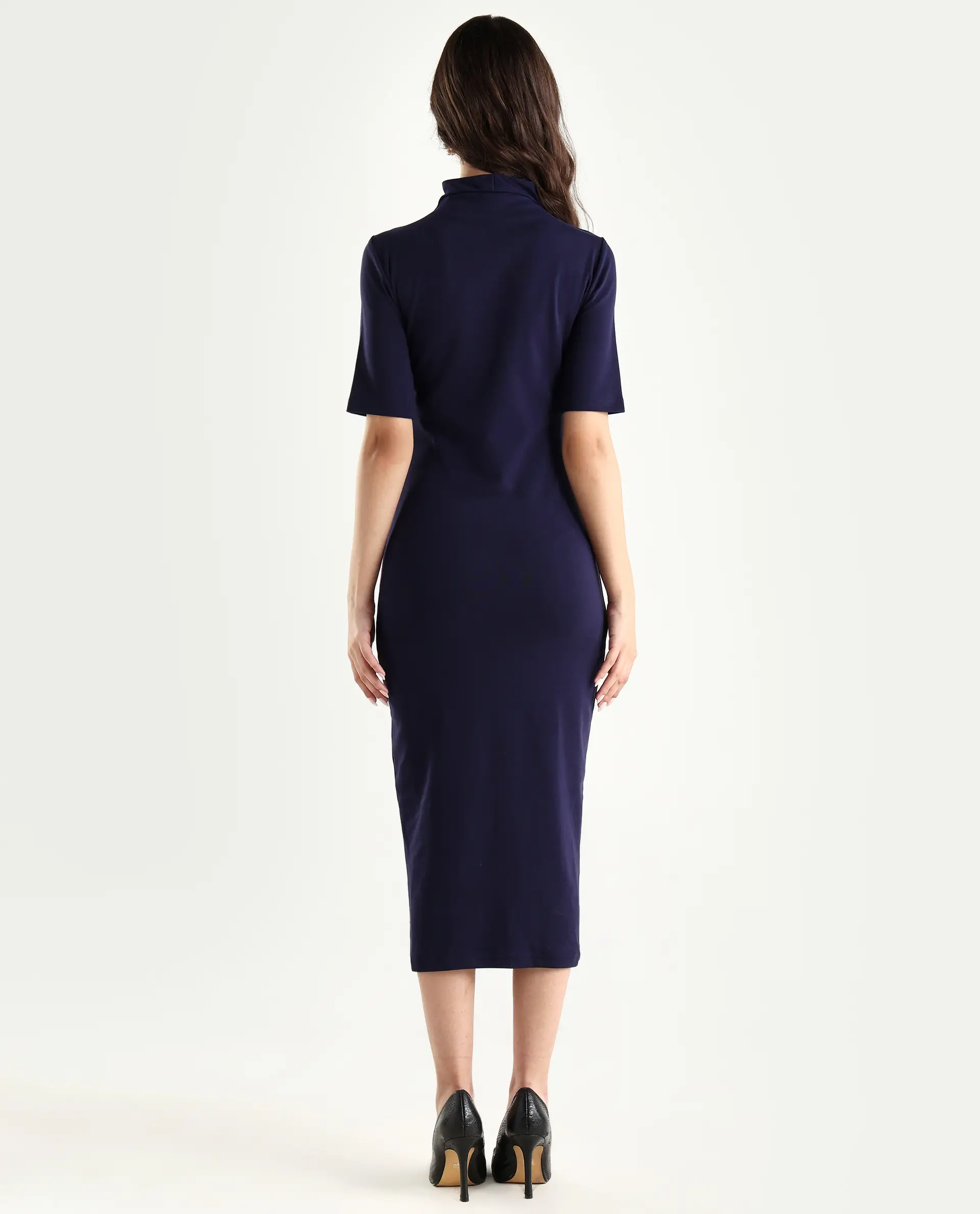 Rareism Women's Rotary Dusky Purple Cotton Blend High Neck Plain Maxi Slim Fit Dress - Image 7
