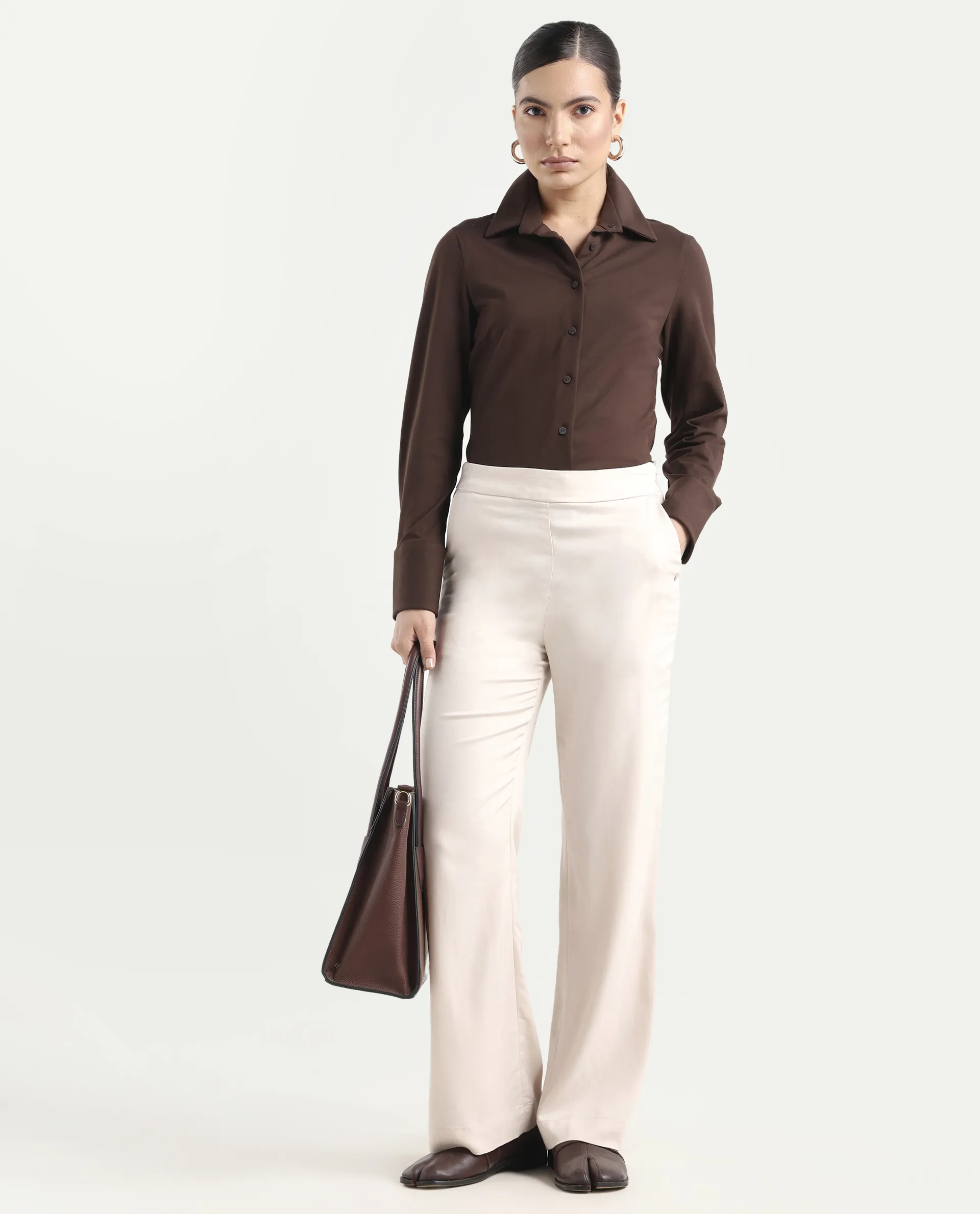 Rareism Women's Rotel Light Beige Polyester Plain Ankle Length Relaxed Fit Trouser