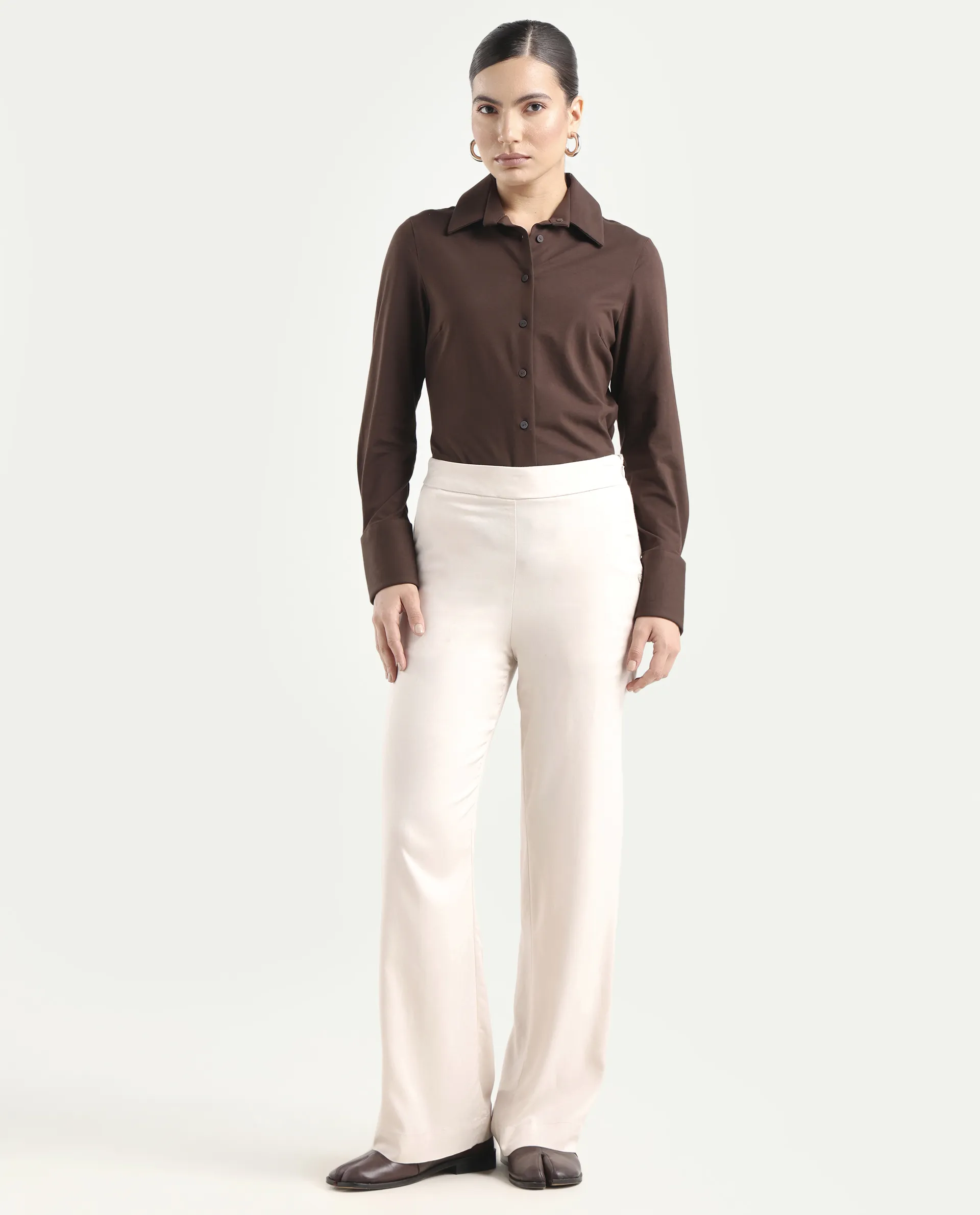 Rareism Women's Rotel Light Beige Polyester Plain Ankle Length Relaxed Fit Trouser - Image 2