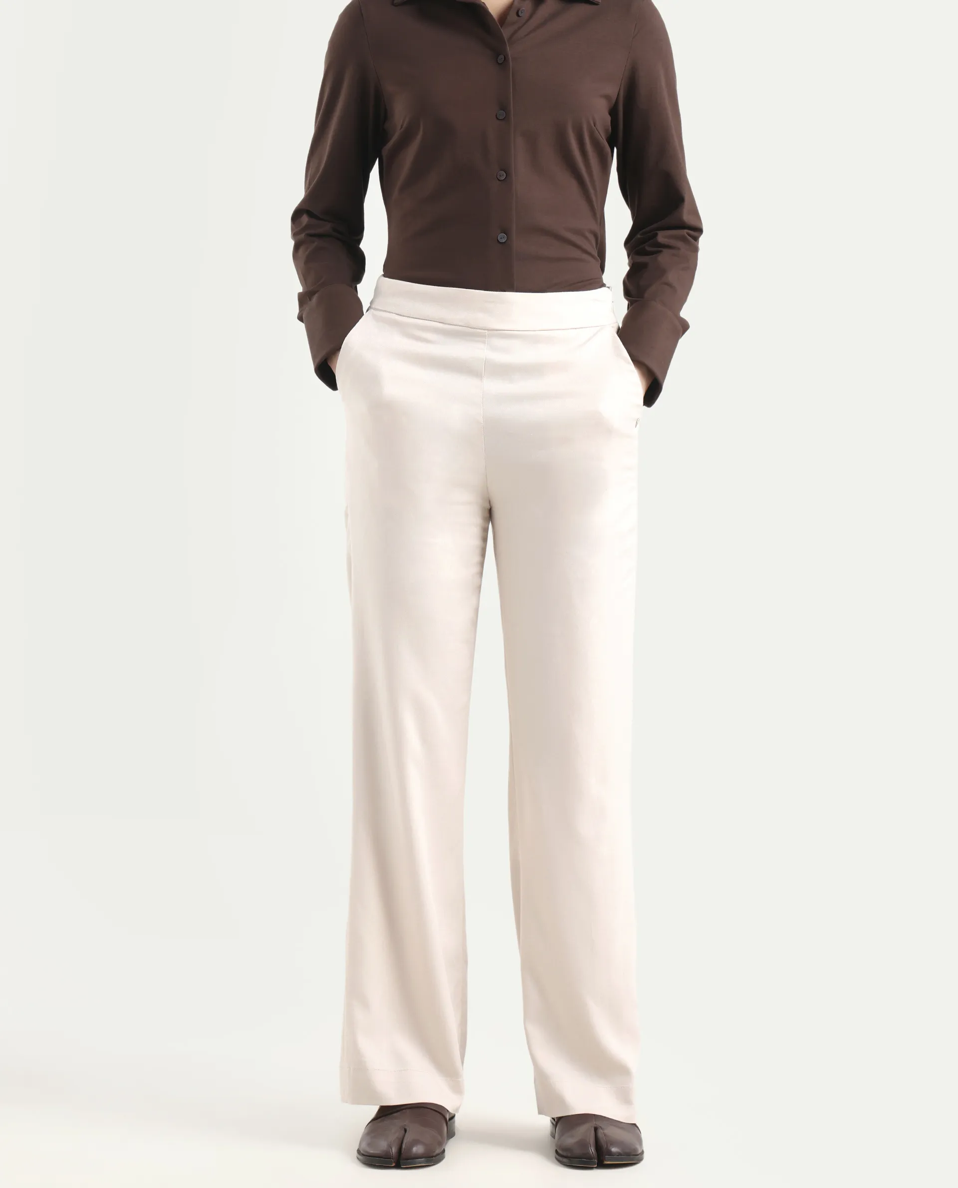 Rareism Women's Rotel Light Beige Polyester Plain Ankle Length Relaxed Fit Trouser - Image 3