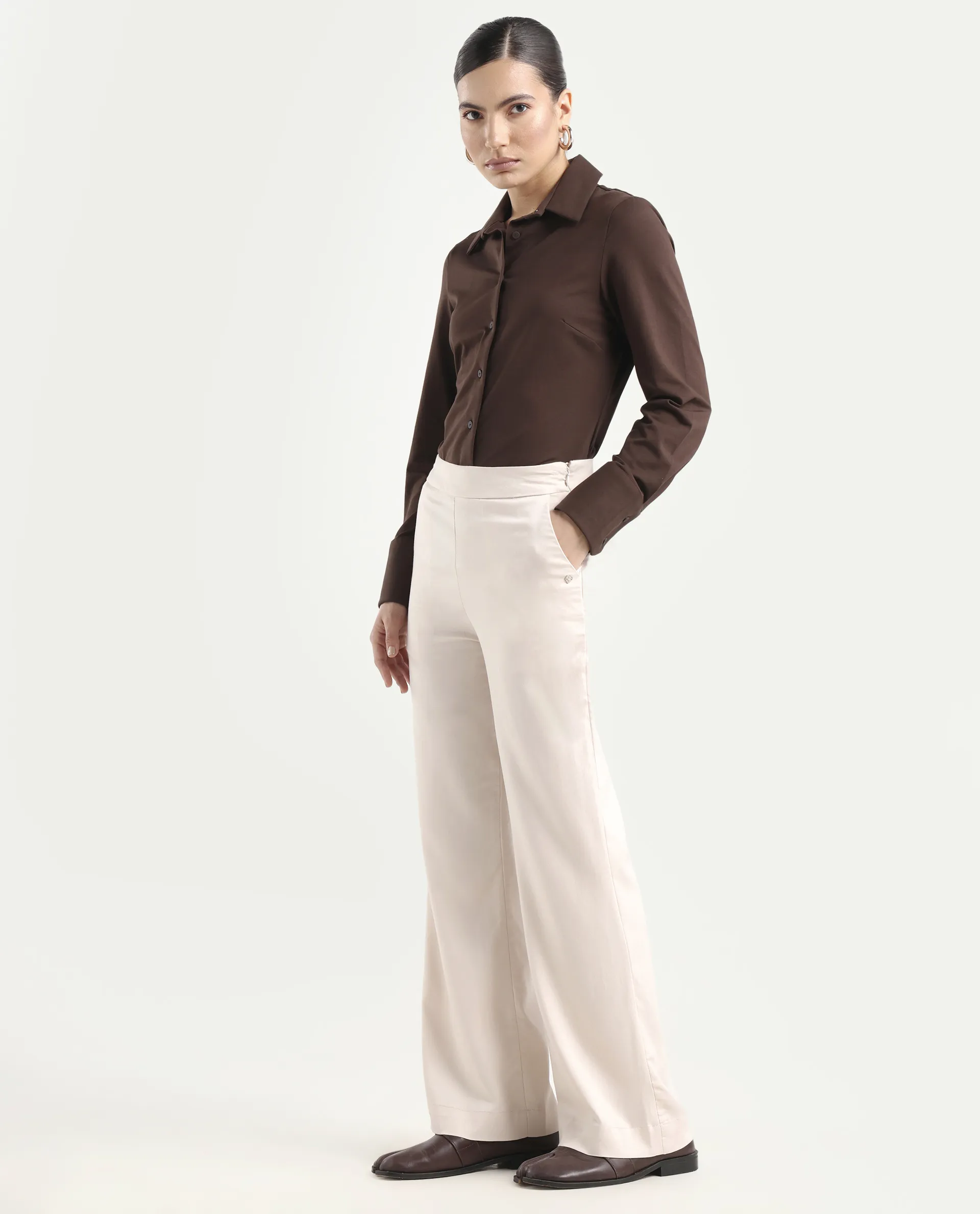Rareism Women's Rotel Light Beige Polyester Plain Ankle Length Relaxed Fit Trouser - Image 5
