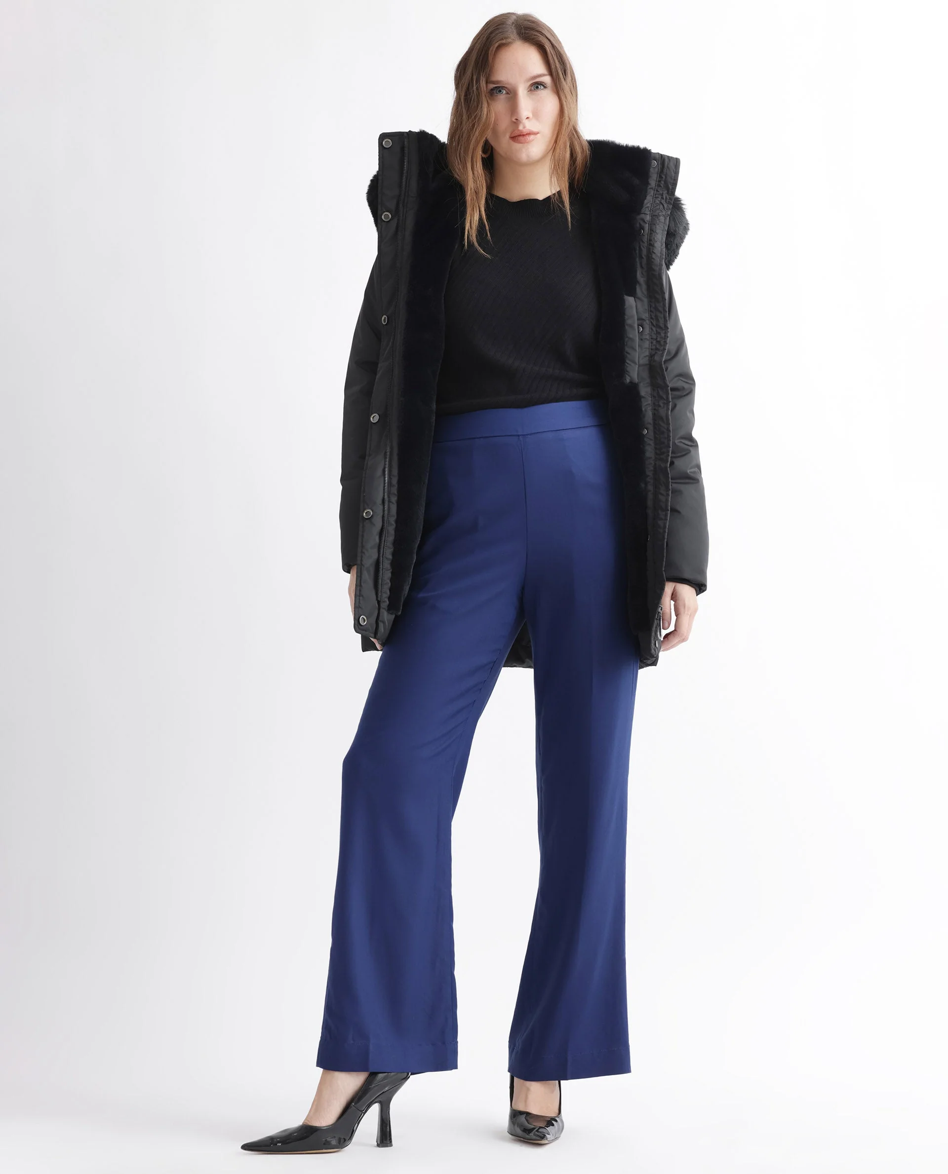 Rareism Women's Rotel Navy Polyester Plain Ankle Length Relaxed Fit Trouser