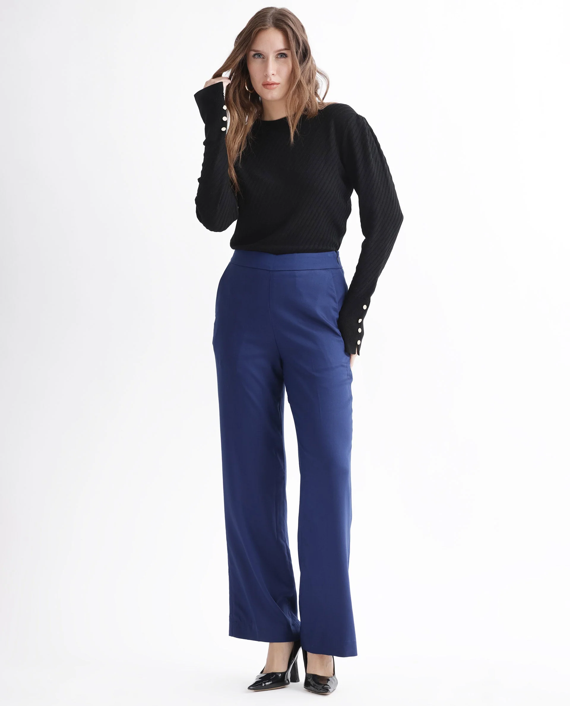 Rareism Women's Rotel Navy Polyester Plain Ankle Length Relaxed Fit Trouser - Image 10