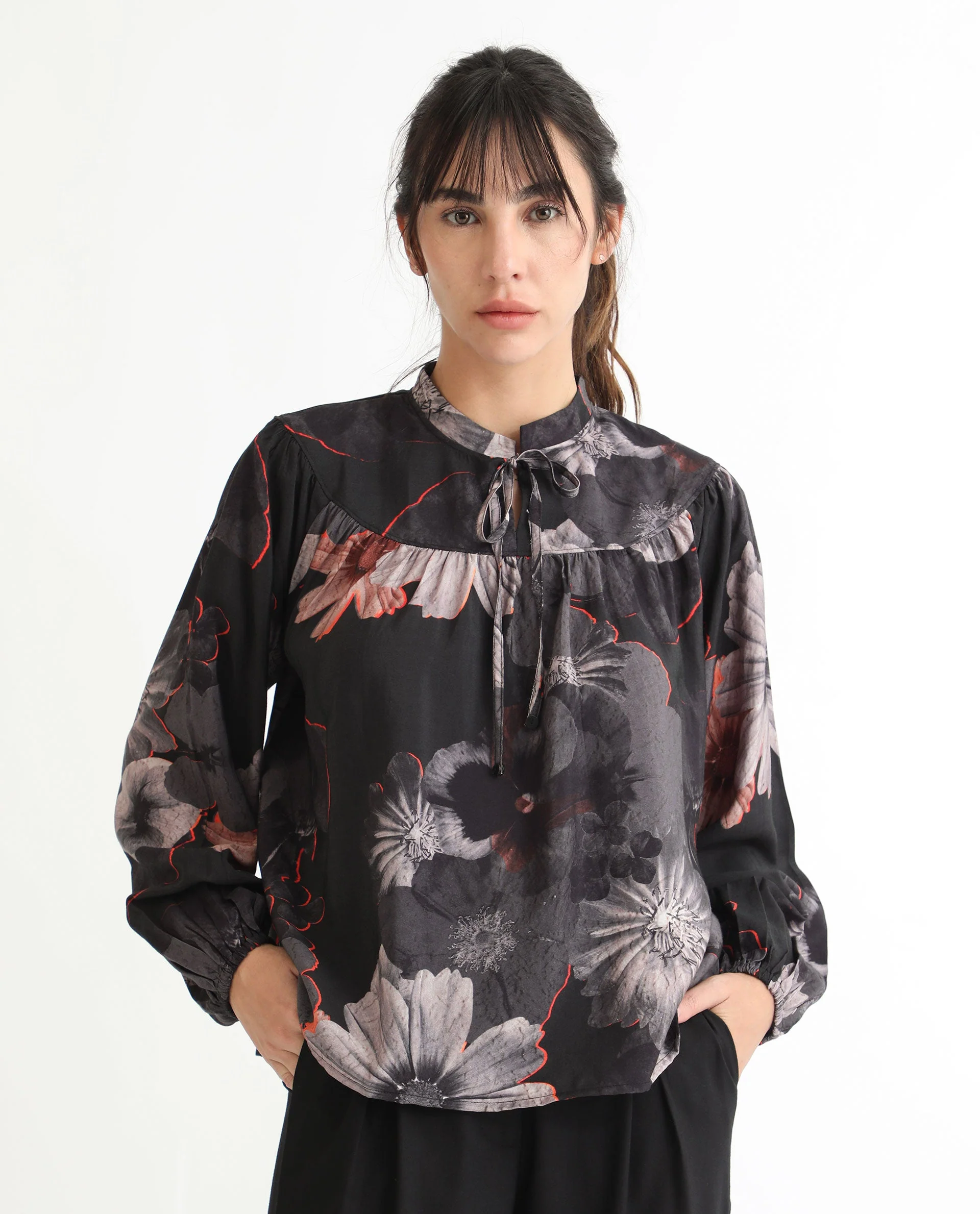 Rareism Women's Rothal Black Polyester Blend Tie-Up Neck Floral Print Balloon Sleeve Relaxed Fit Top