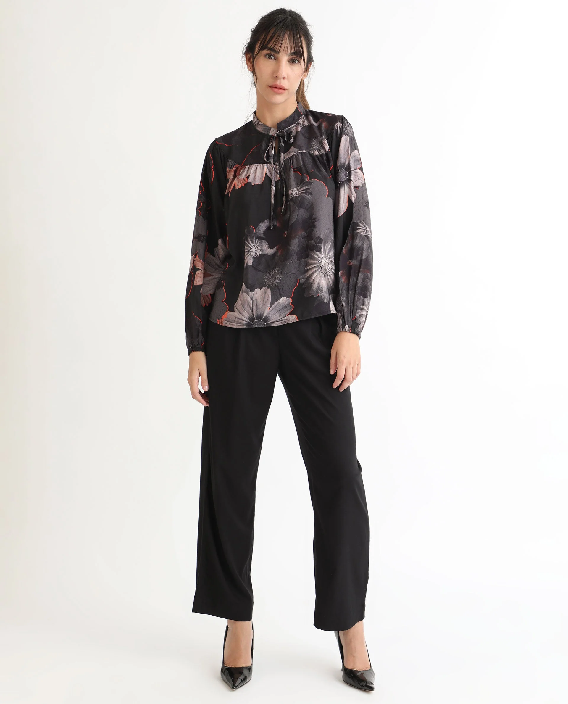 Rareism Women's Rothal Black Polyester Blend Tie-Up Neck Floral Print Balloon Sleeve Relaxed Fit Top - Image 3