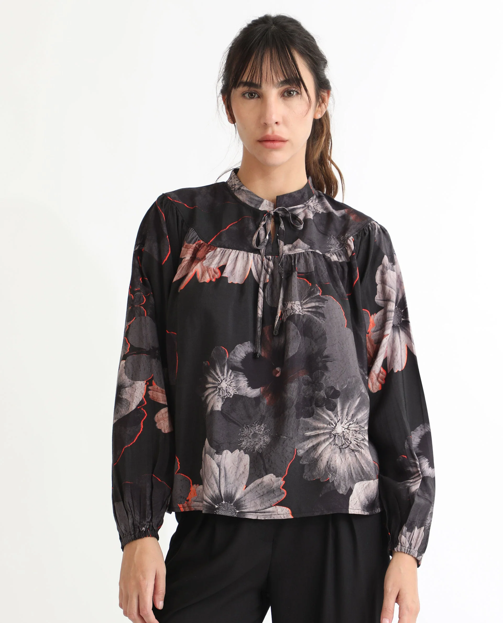 Rareism Women's Rothal Black Polyester Blend Tie-Up Neck Floral Print Balloon Sleeve Relaxed Fit Top - Image 4