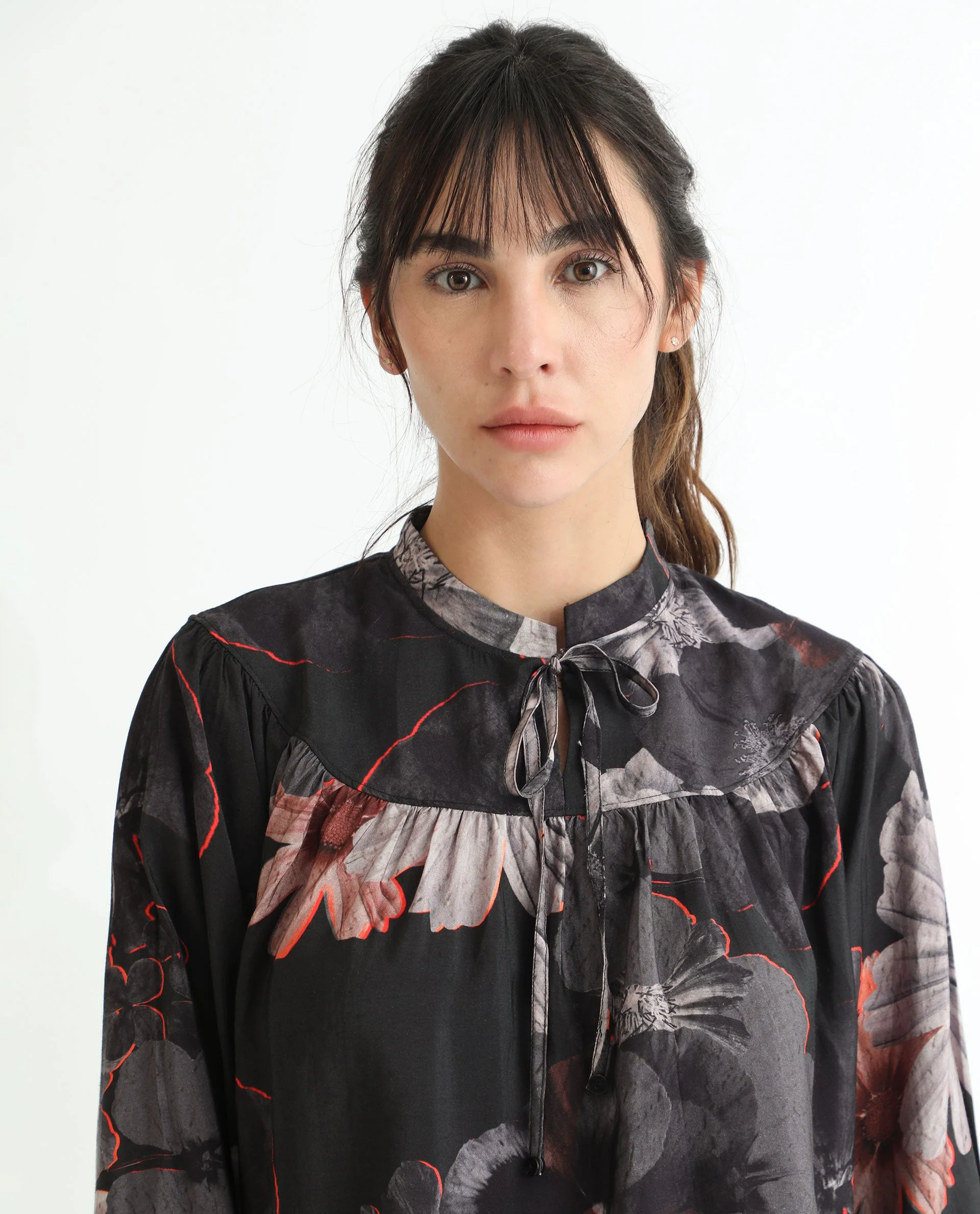 Rareism Women's Rothal Black Polyester Blend Tie-Up Neck Floral Print Balloon Sleeve Relaxed Fit Top - Image 6