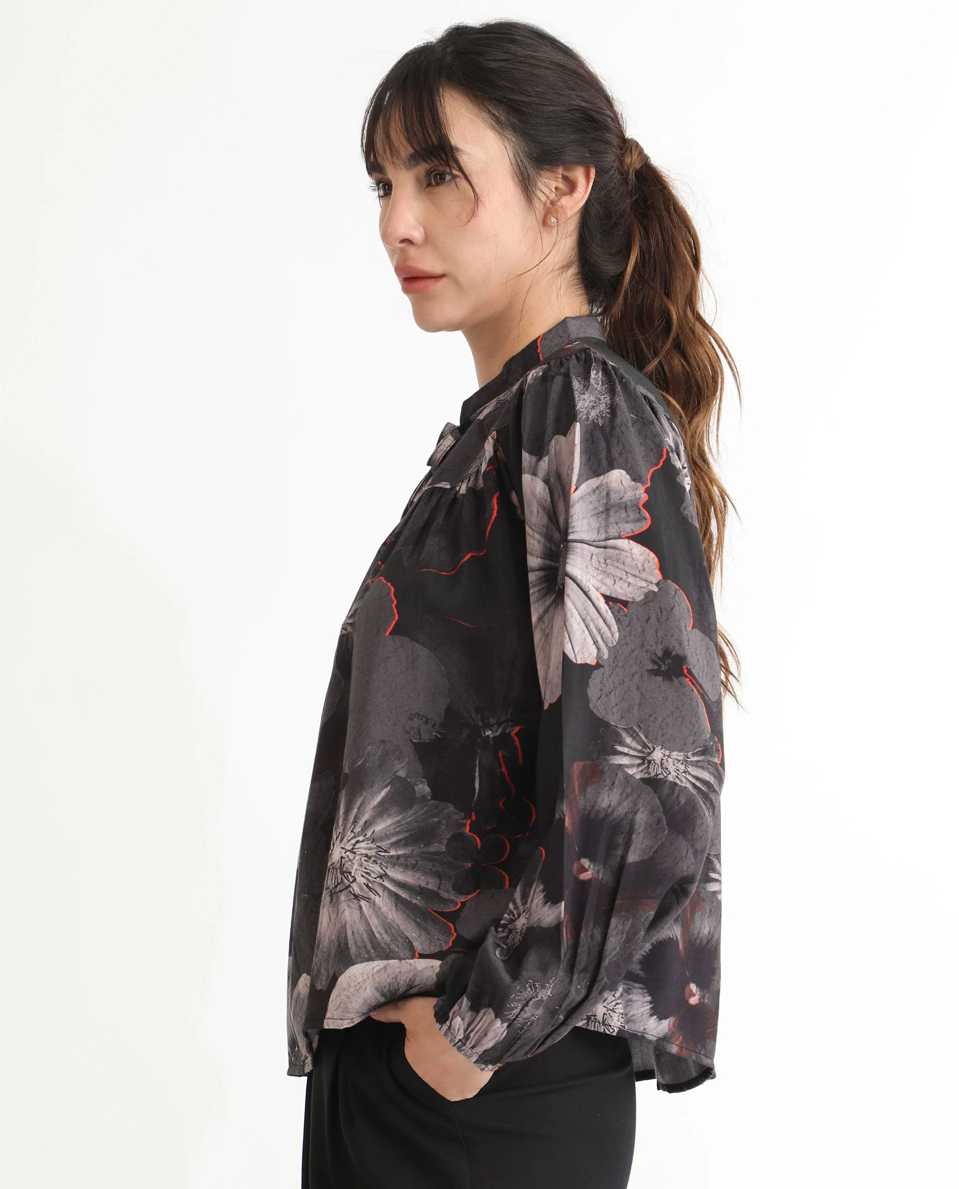 Rareism Women's Rothal Black Polyester Blend Tie-Up Neck Floral Print Balloon Sleeve Relaxed Fit Top - Image 7