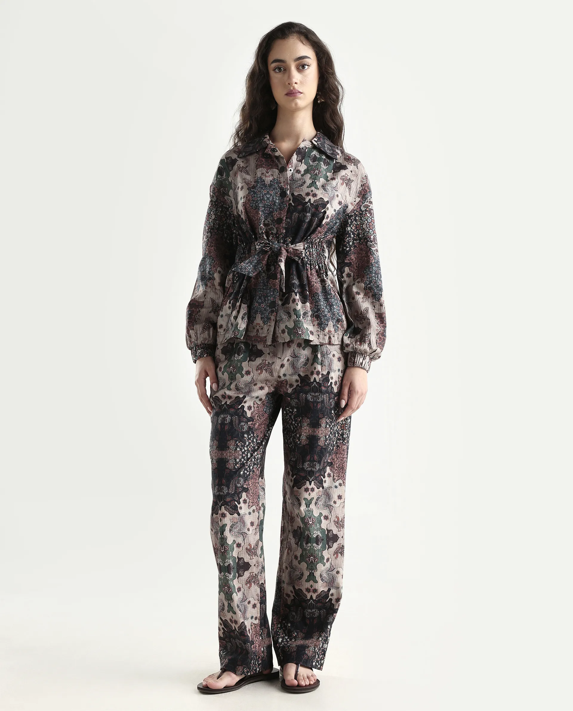 Rareism Women's Rotika B Dark Multi Cotton Blend Abstract Print Ankle Length Straight Fit Trouser - Image 2