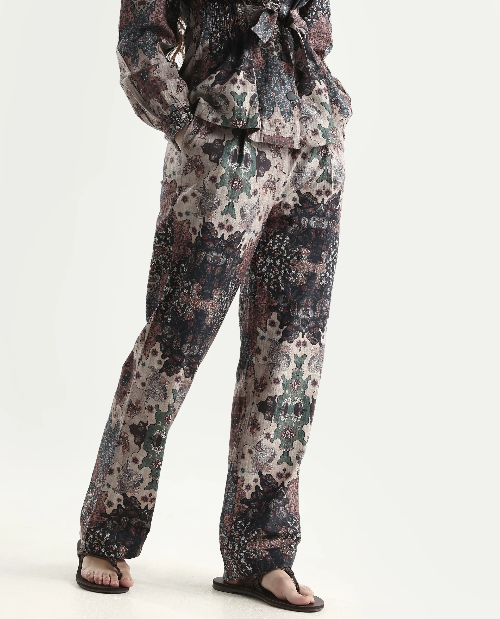 Rareism Women's Rotika B Dark Multi Cotton Blend Abstract Print Ankle Length Straight Fit Trouser - Image 3