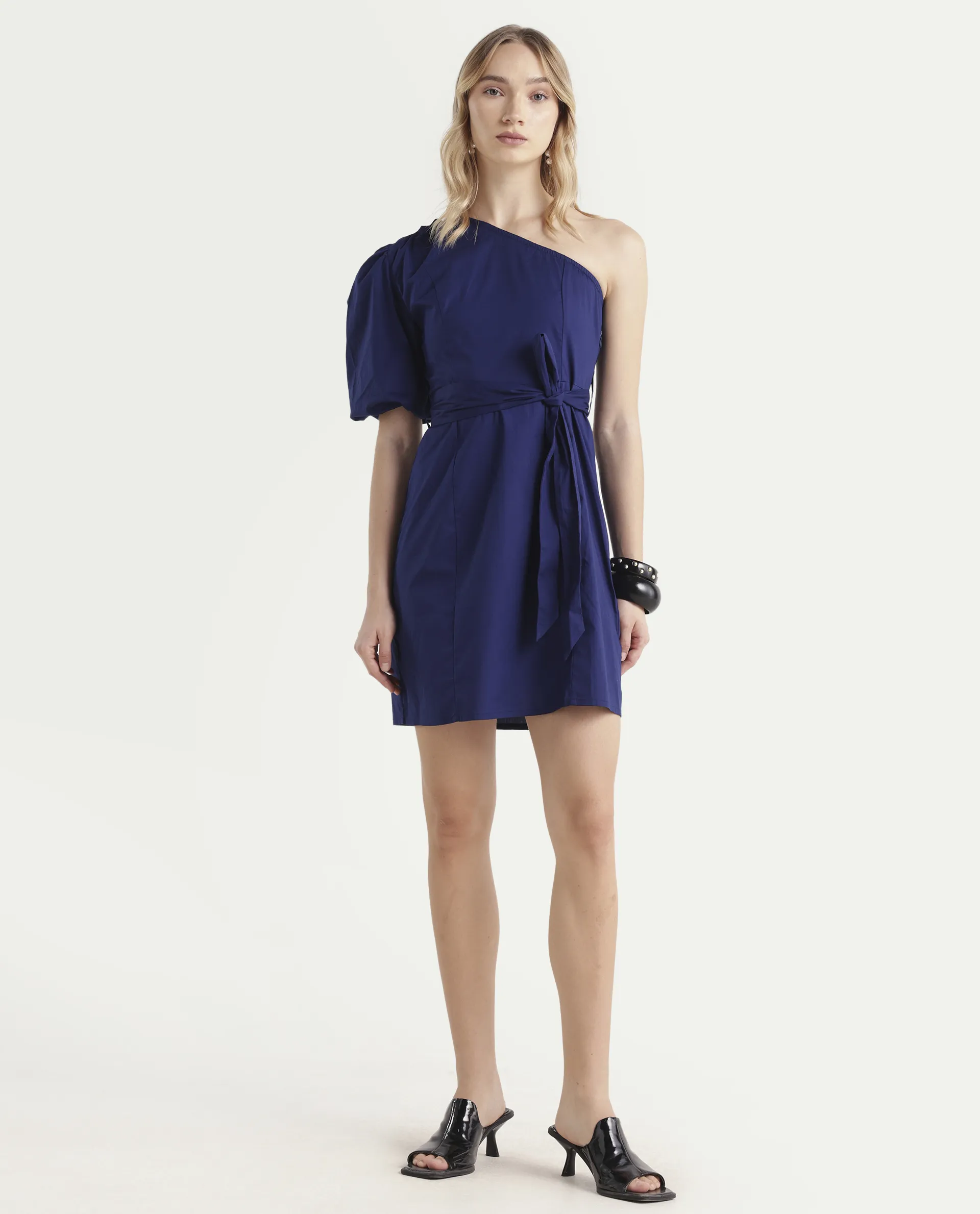 Rareism Women's Rotler Navy Cotton Blend One Shoulder Plain Puff Sleeves Mini Regular Fit Dress - Image 3