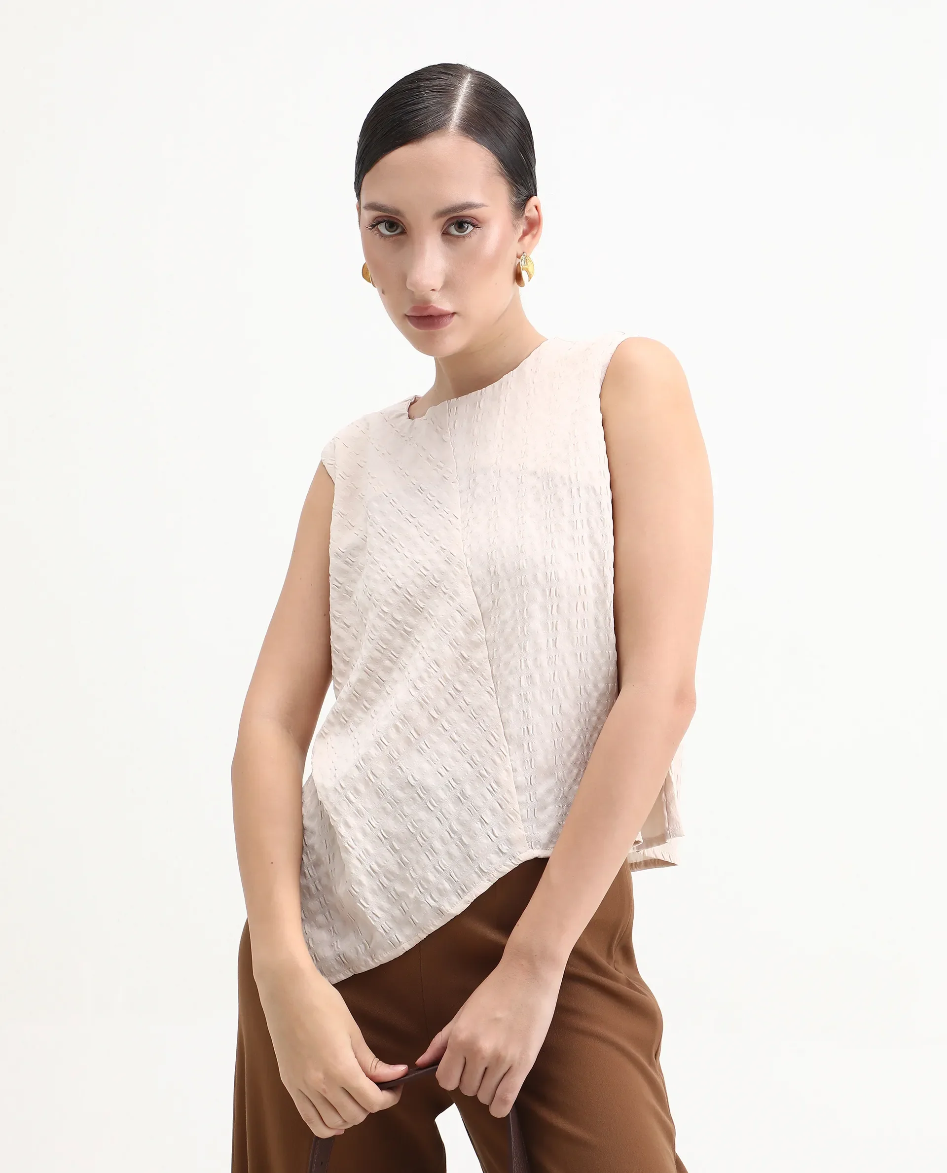 Rareism Women's Roulo Beige Polyester Blend Crew Neck Plain Sleeveless Regular Fit Top