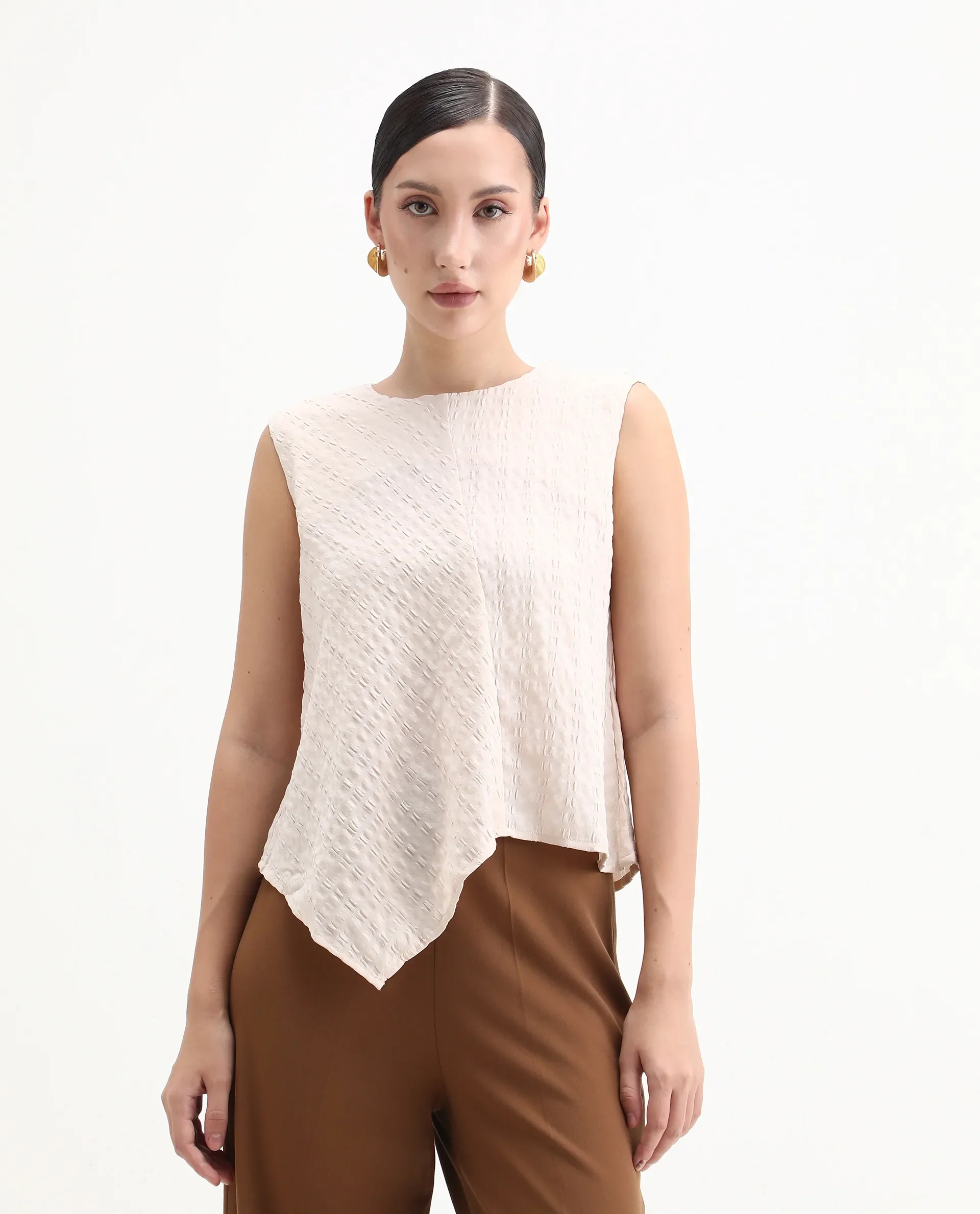 Rareism Women's Roulo Beige Polyester Blend Crew Neck Plain Sleeveless Regular Fit Top - Image 3