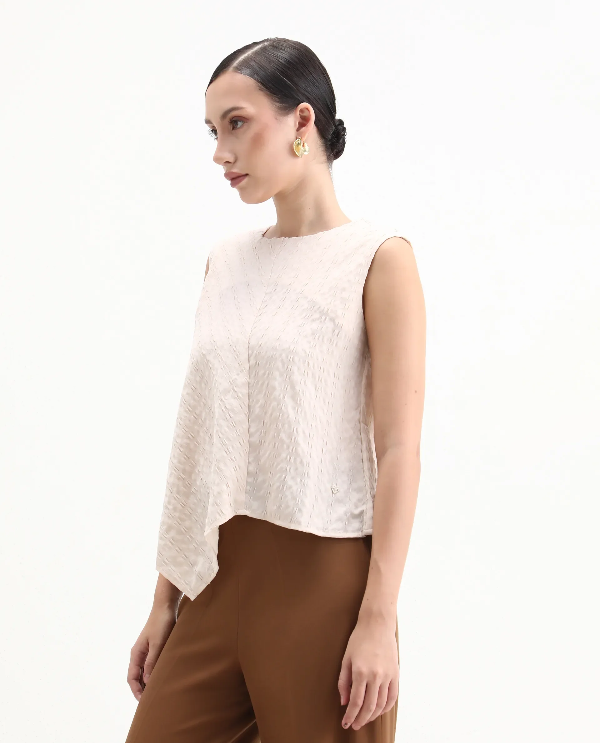 Rareism Women's Roulo Beige Polyester Blend Crew Neck Plain Sleeveless Regular Fit Top - Image 4