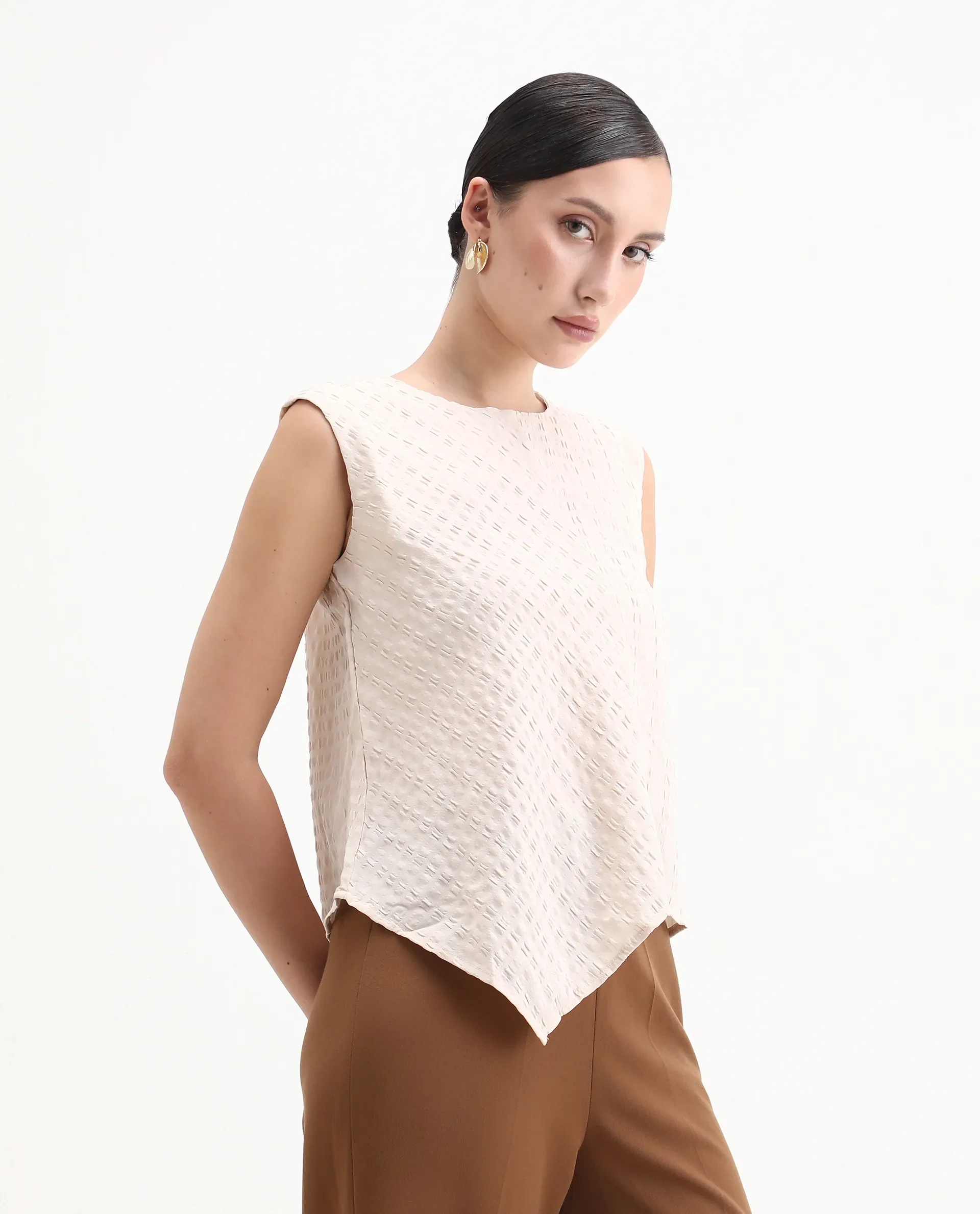 Rareism Women's Roulo Beige Polyester Blend Crew Neck Plain Sleeveless Regular Fit Top - Image 5