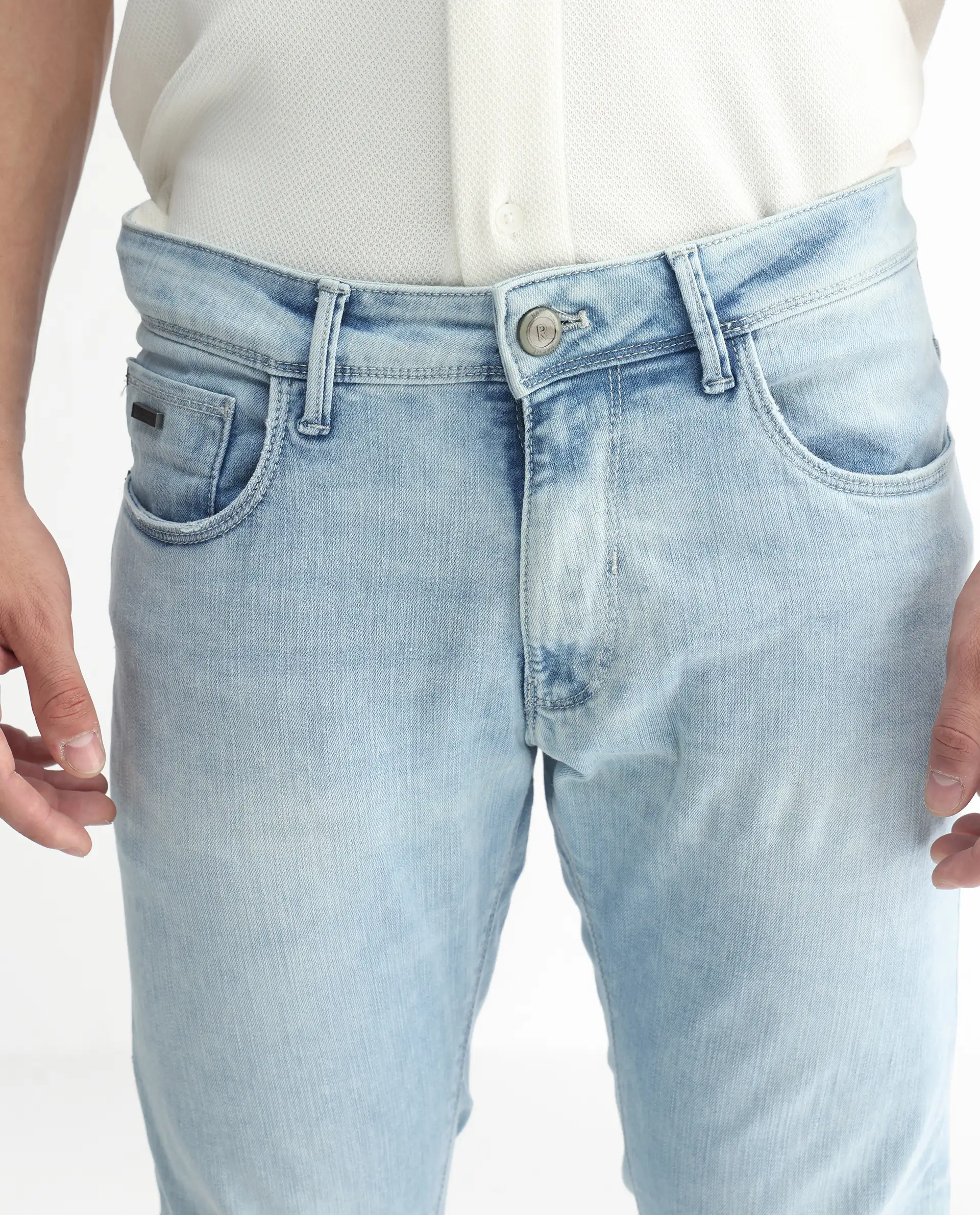 Rare Rabbit Men's Roune Light Blue Cotton Plain Hawk Slim Fit Jeans - Image 3