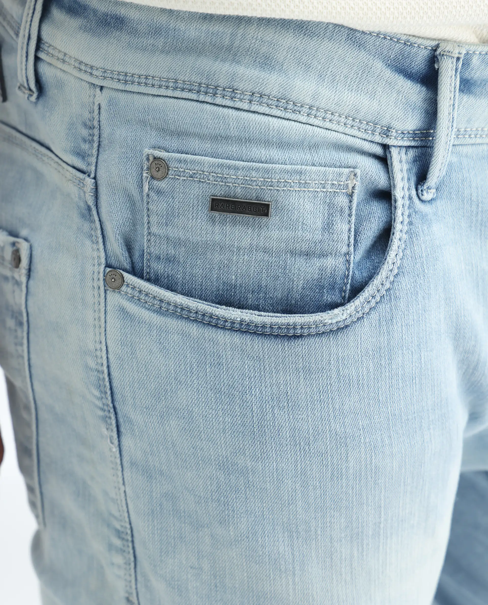 Rare Rabbit Men's Roune Light Blue Cotton Plain Hawk Slim Fit Jeans - Image 7