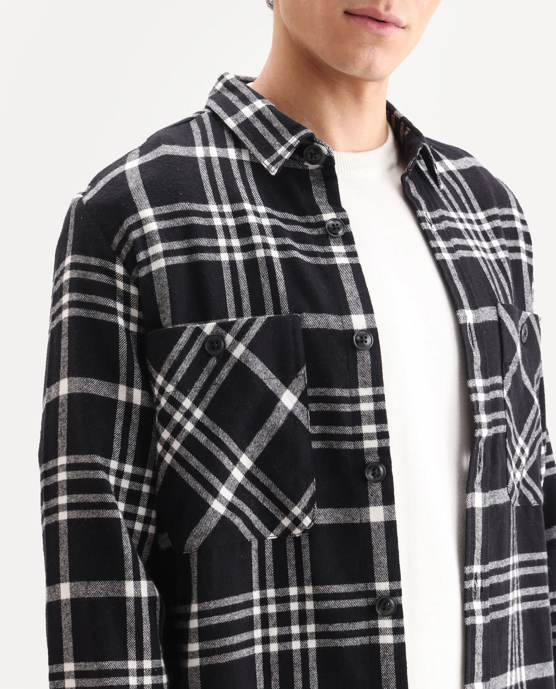 Rare Rabbit Men's Rousso Black Cotton Checked Print Relaxed Fit Full Sleeve Collared Shacket - Image 4