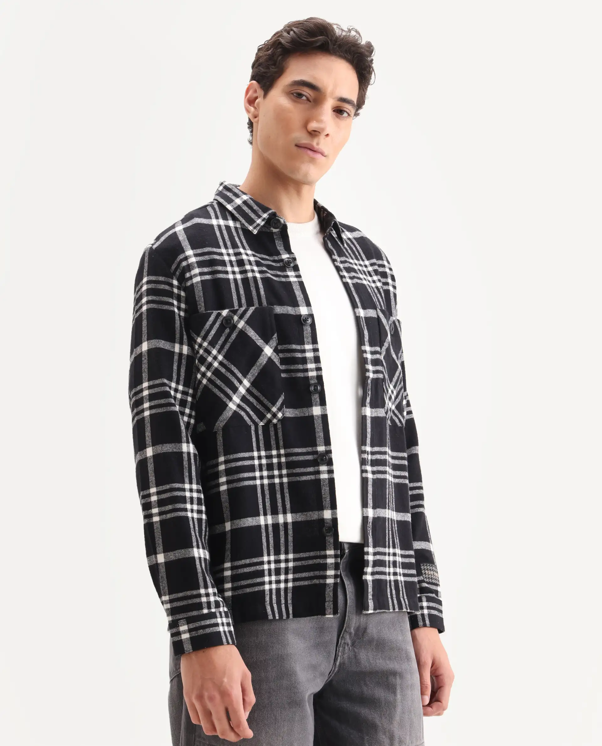 Rare Rabbit Men's Rousso Black Cotton Checked Print Relaxed Fit Full Sleeve Collared Shacket - Image 5