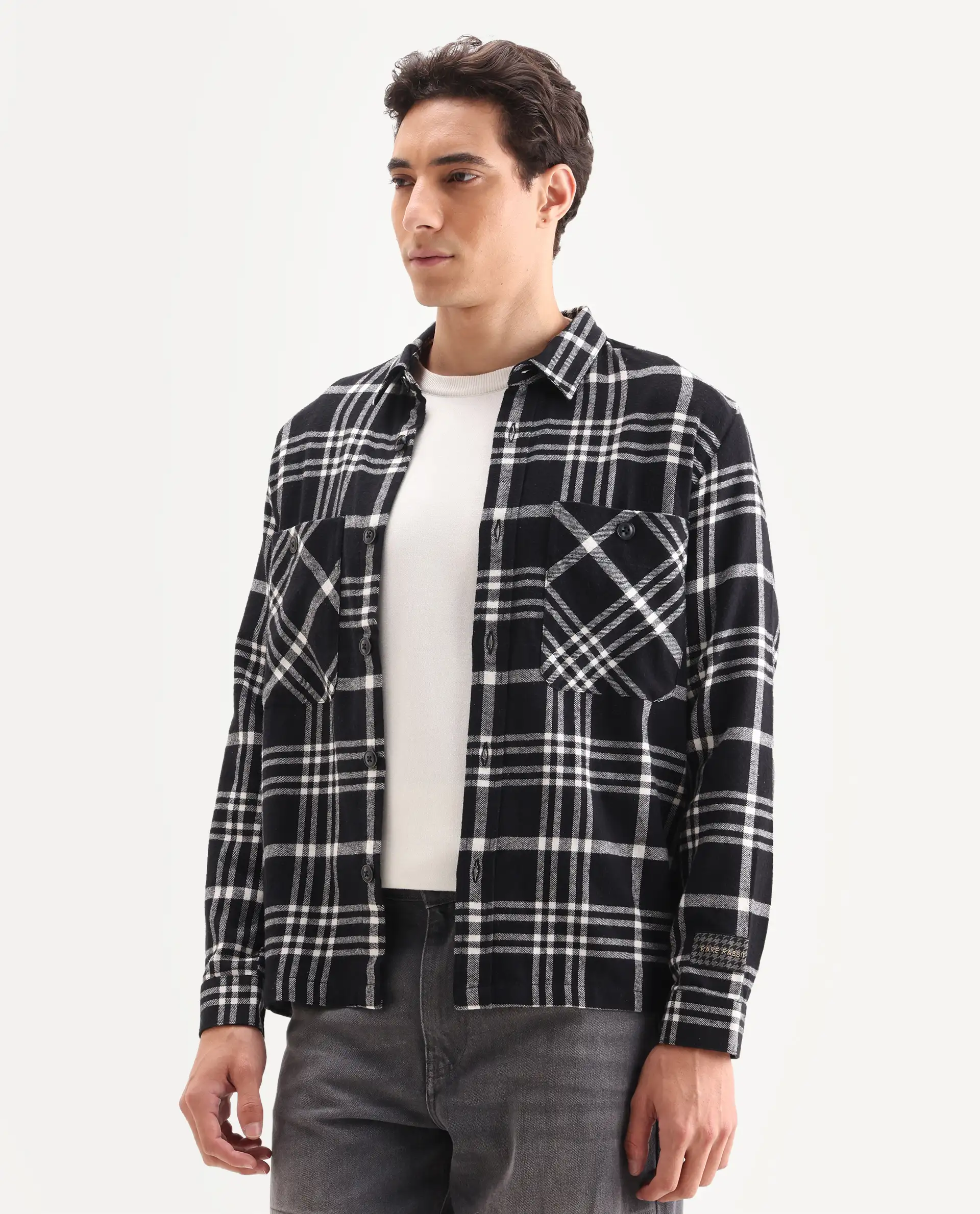 Rare Rabbit Men's Rousso Black Cotton Checked Print Relaxed Fit Full Sleeve Collared Shacket - Image 6