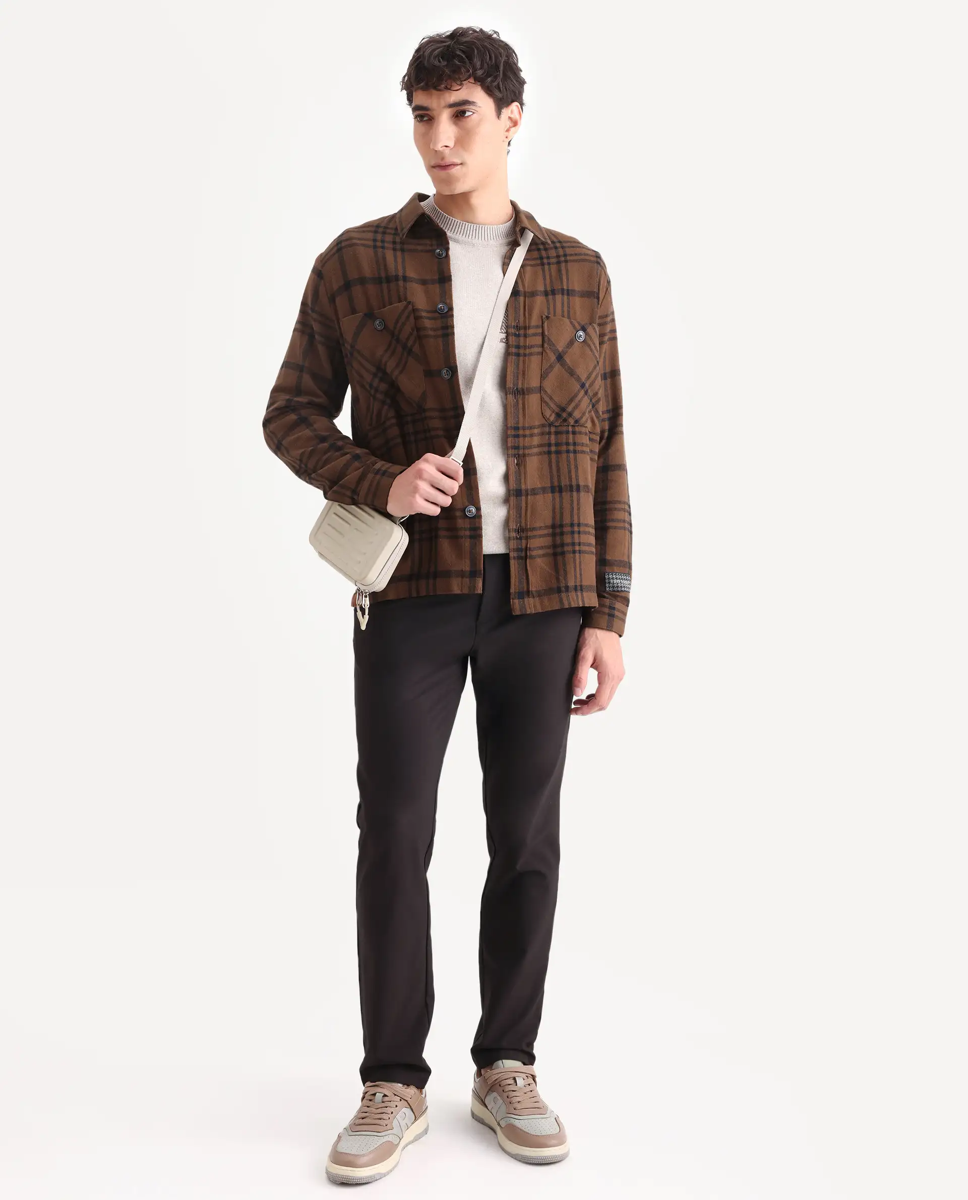 Rare Rabbit Men's Rousso Brown Cotton Checked Print Relaxed Fit Full Sleeve Spread Collar Shacket - Image 2