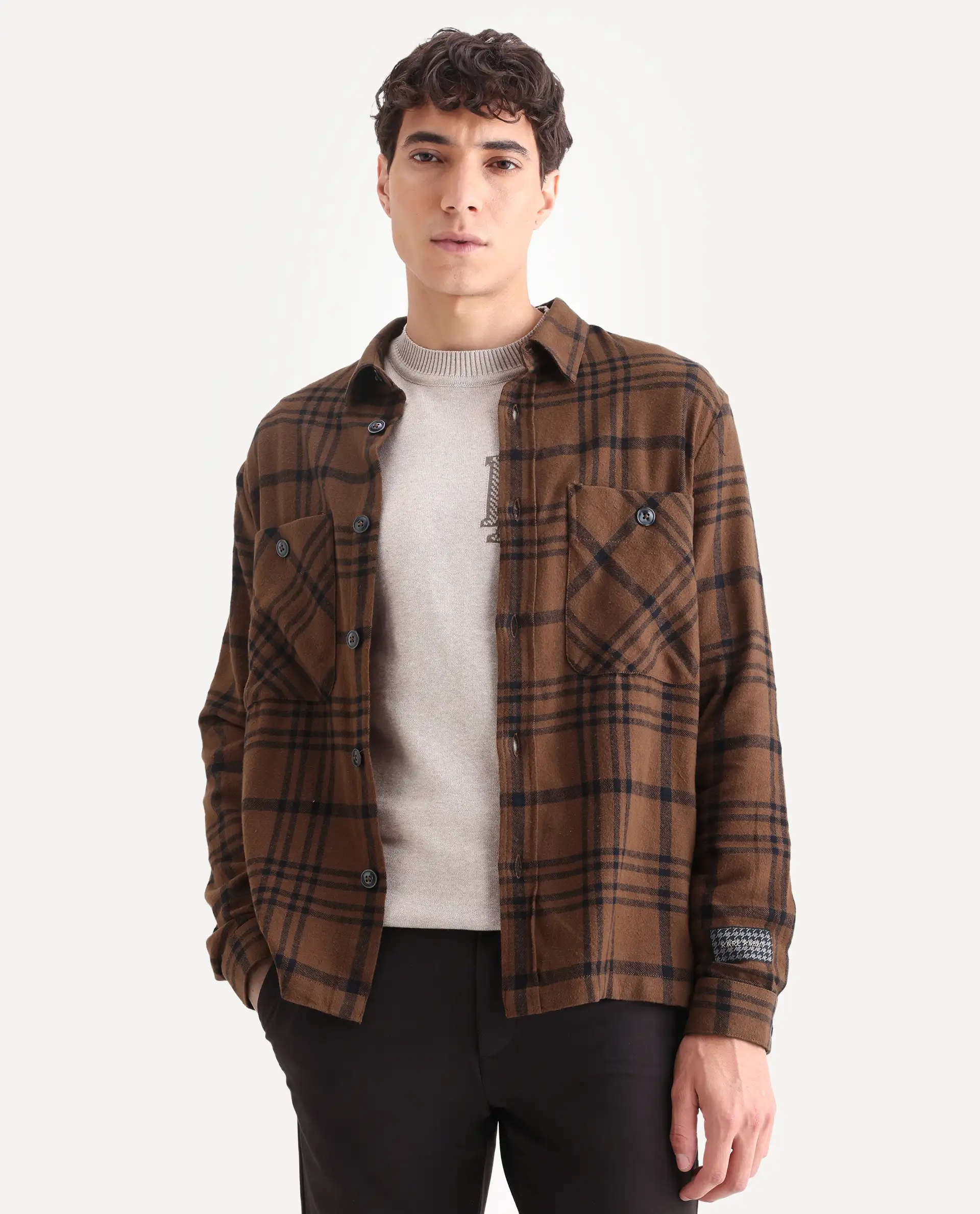 Rare Rabbit Men's Rousso Brown Cotton Checked Print Relaxed Fit Full Sleeve Spread Collar Shacket - Image 3