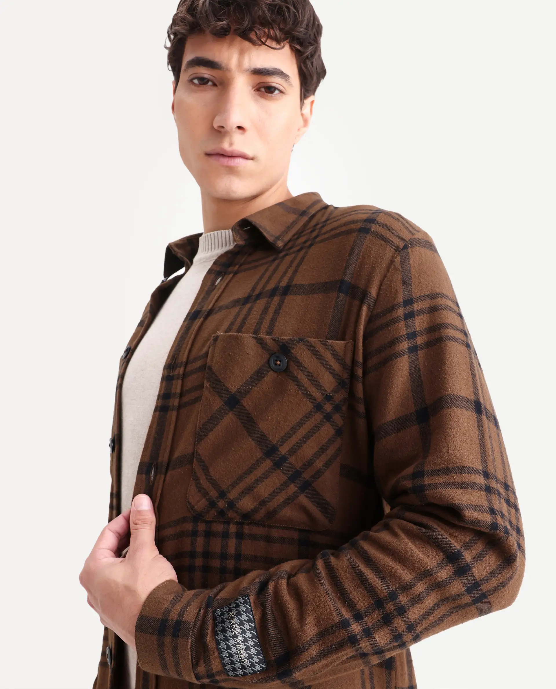 Rare Rabbit Men's Rousso Brown Cotton Checked Print Relaxed Fit Full Sleeve Spread Collar Shacket - Image 4