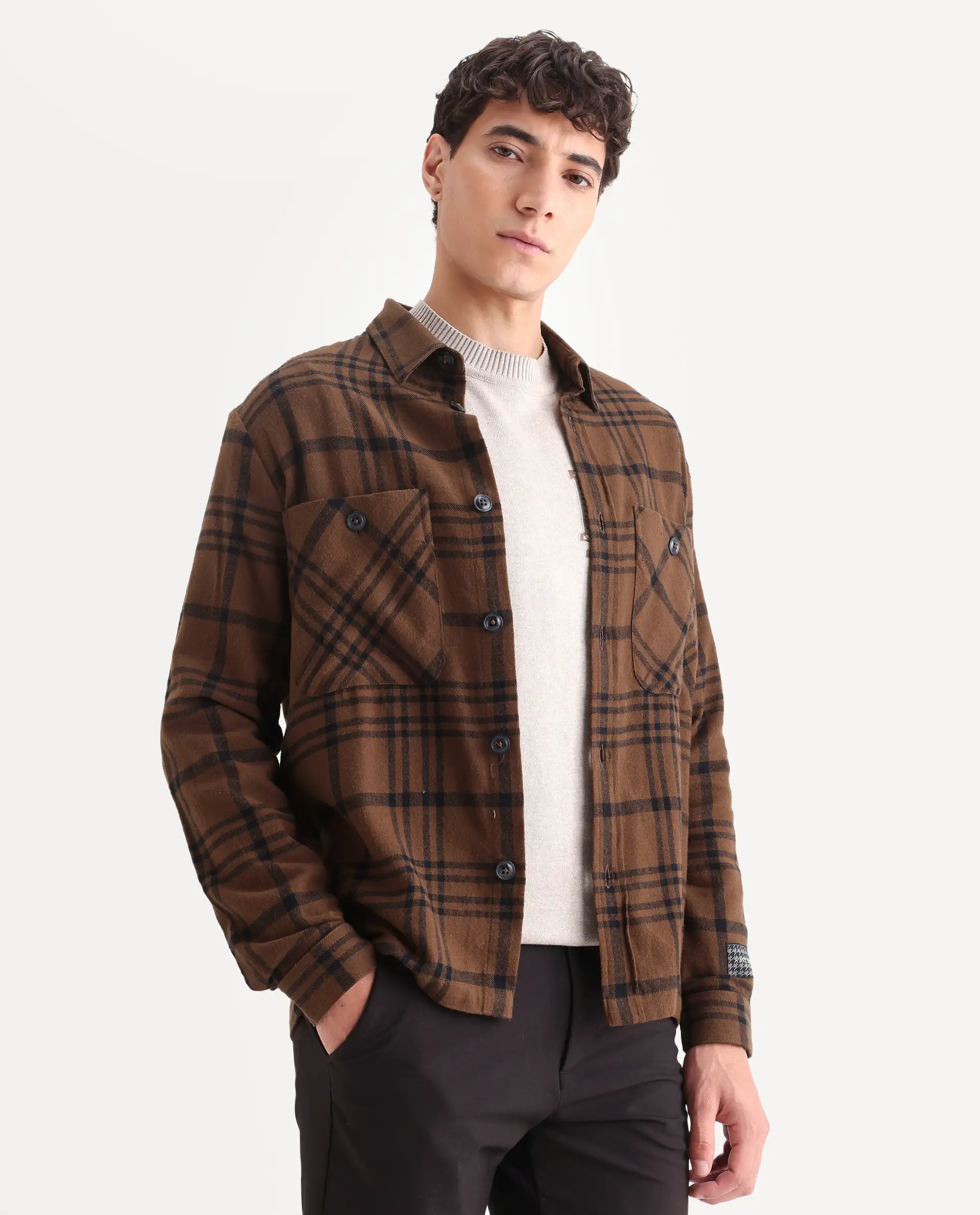 Rare Rabbit Men's Rousso Brown Cotton Checked Print Relaxed Fit Full Sleeve Spread Collar Shacket - Image 5