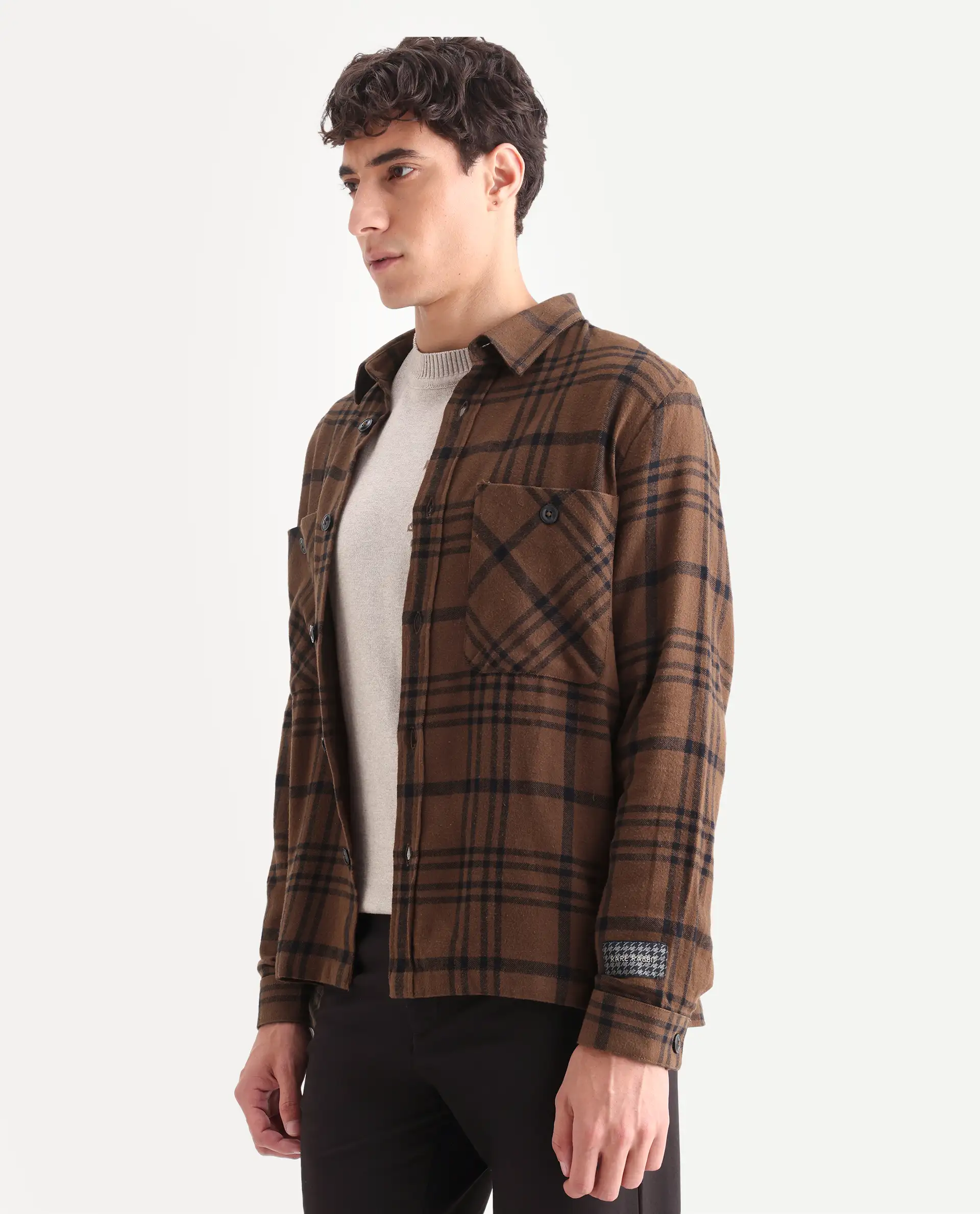 Rare Rabbit Men's Rousso Brown Cotton Checked Print Relaxed Fit Full Sleeve Spread Collar Shacket - Image 6