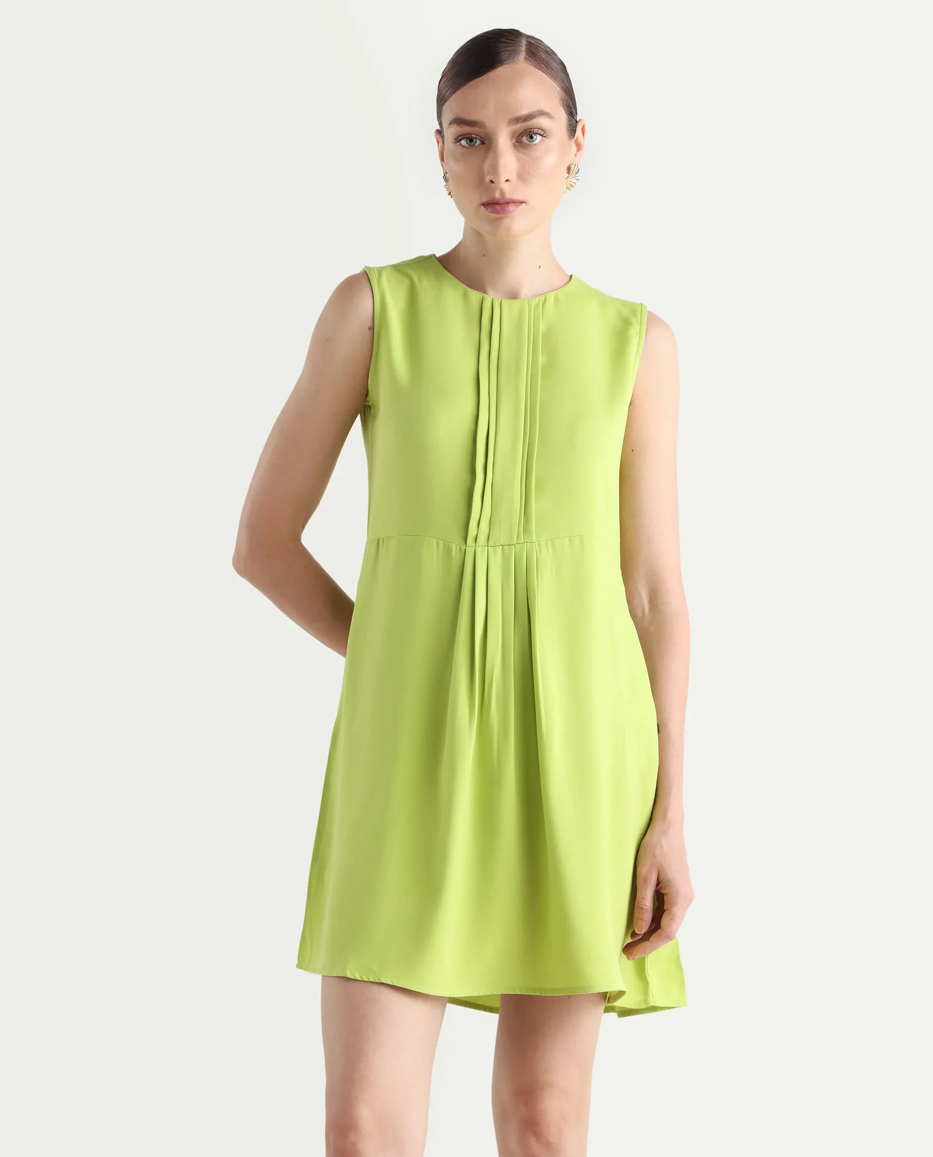 Rareism Women's Roux Green Polyester Blend Crew Neck Plain Sleeveless Mini Fit And Flare Dress - Image 2