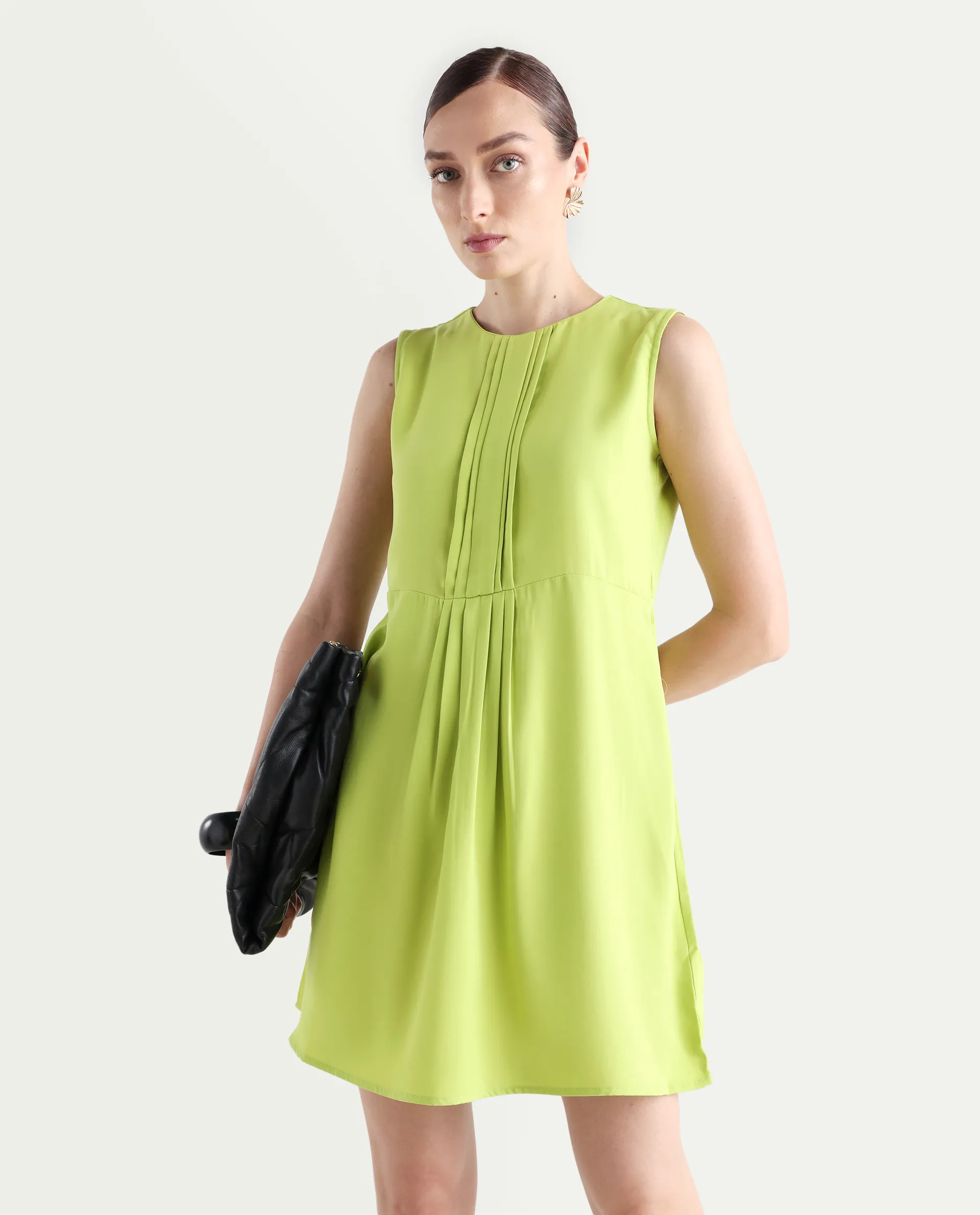 Rareism Women's Roux Green Polyester Blend Crew Neck Plain Sleeveless Mini Fit And Flare Dress - Image 3