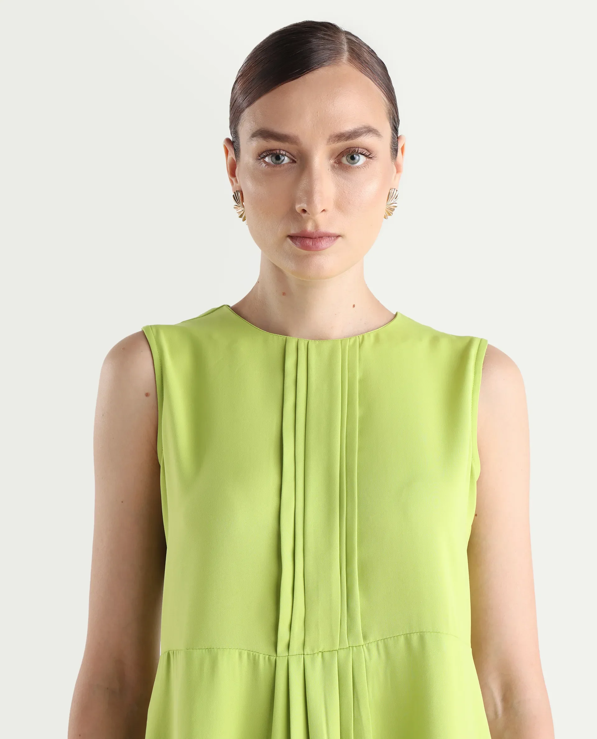 Rareism Women's Roux Green Polyester Blend Crew Neck Plain Sleeveless Mini Fit And Flare Dress - Image 4
