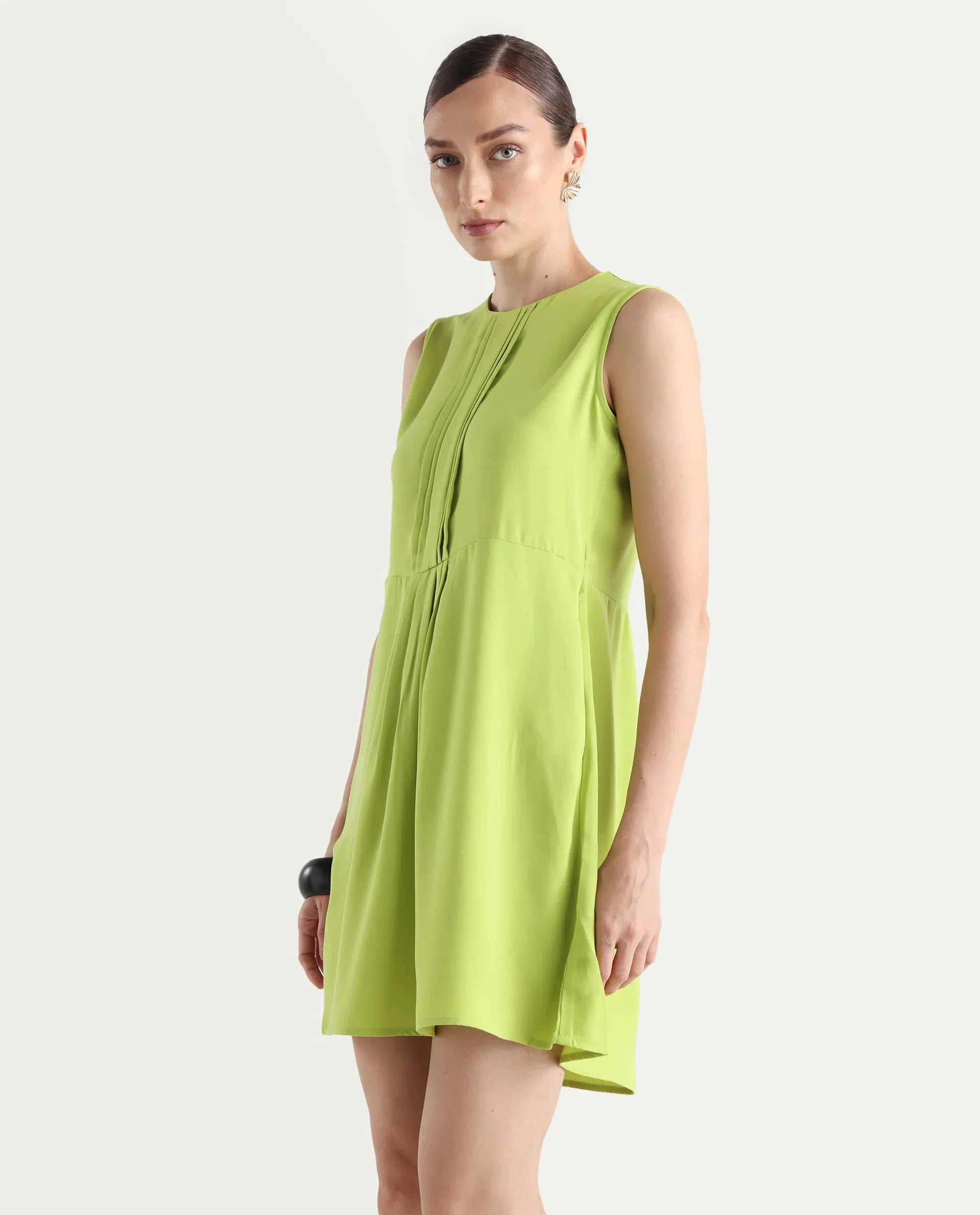 Rareism Women's Roux Green Polyester Blend Crew Neck Plain Sleeveless Mini Fit And Flare Dress - Image 6