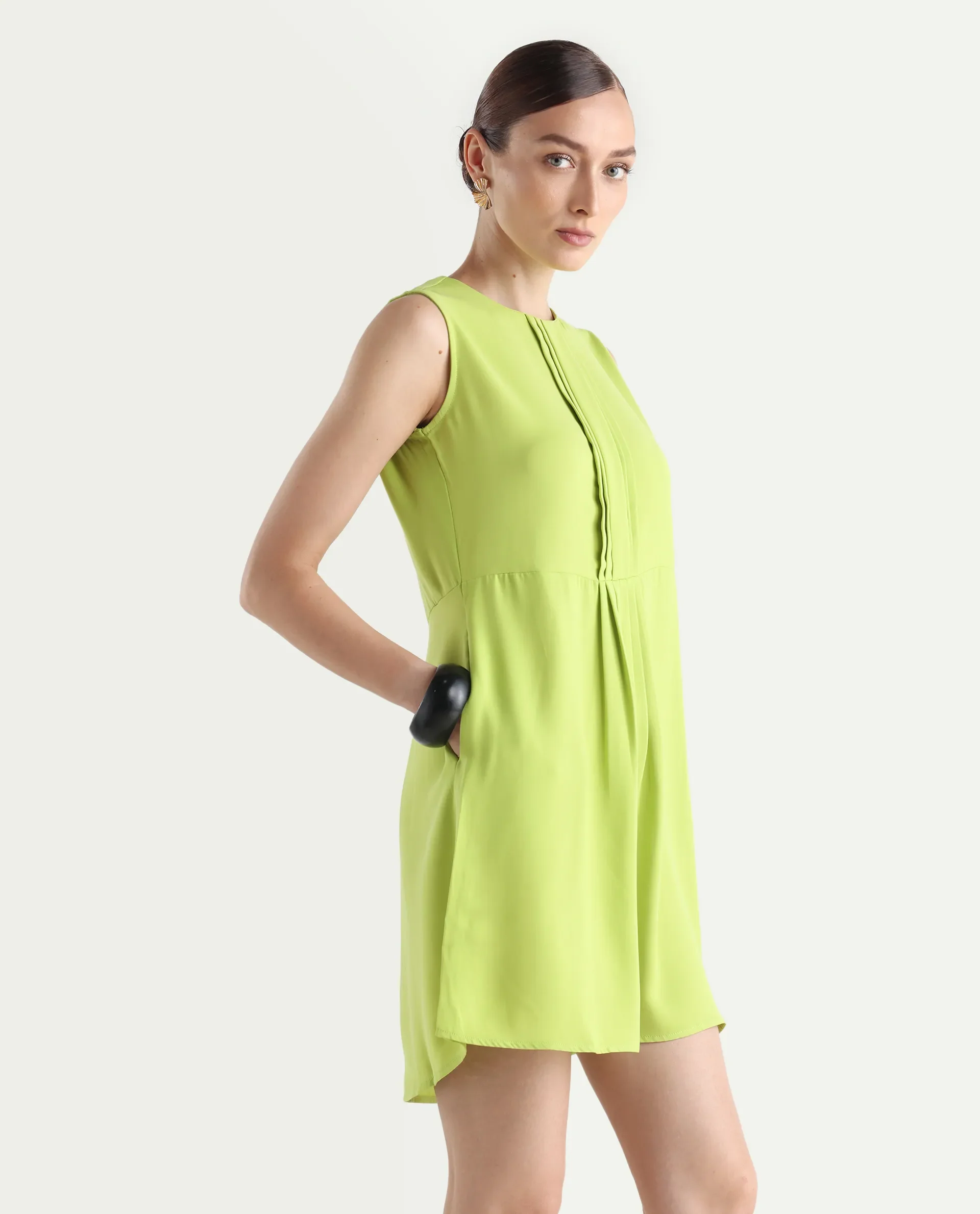 Rareism Women's Roux Green Polyester Blend Crew Neck Plain Sleeveless Mini Fit And Flare Dress - Image 7
