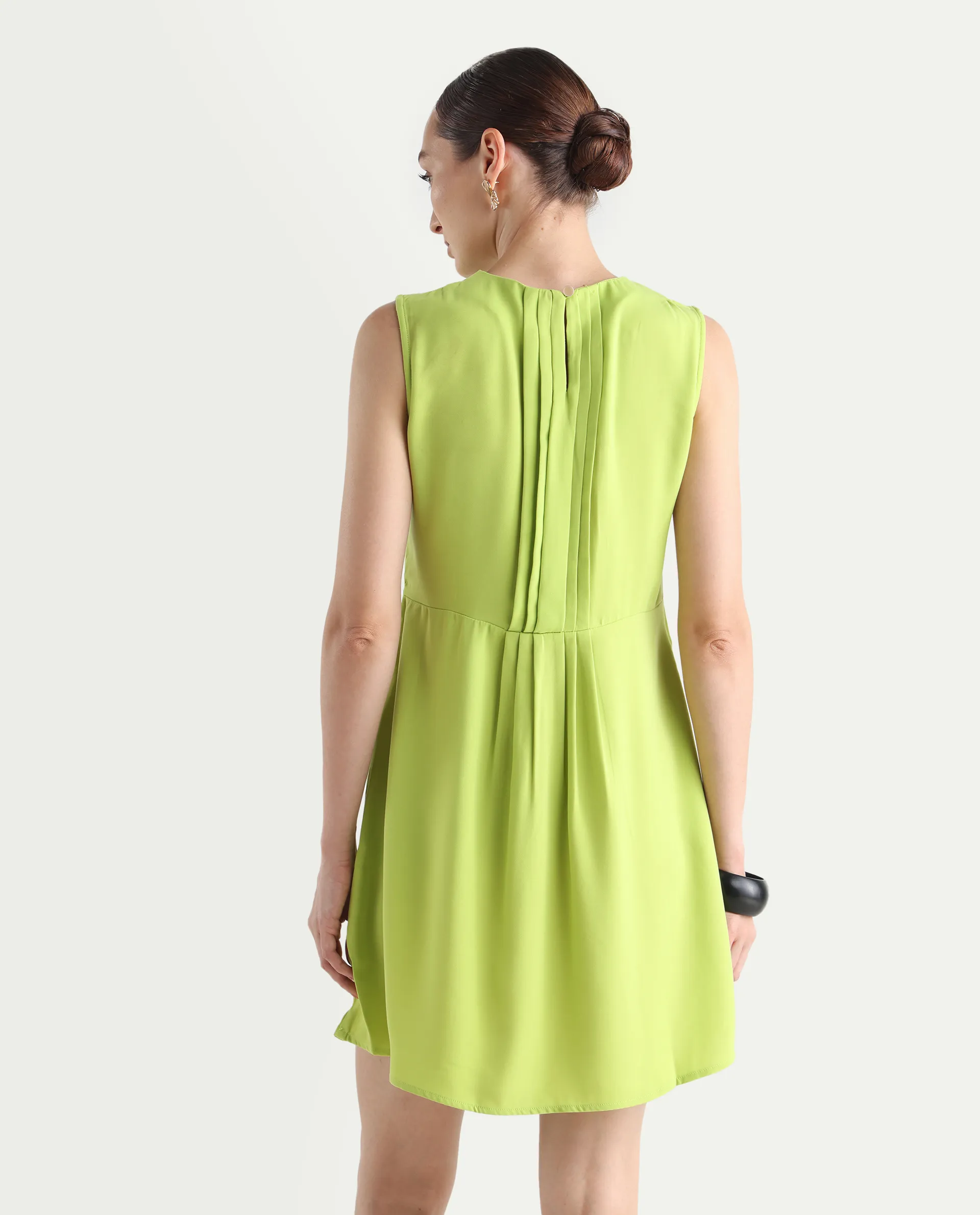 Rareism Women's Roux Green Polyester Blend Crew Neck Plain Sleeveless Mini Fit And Flare Dress - Image 8