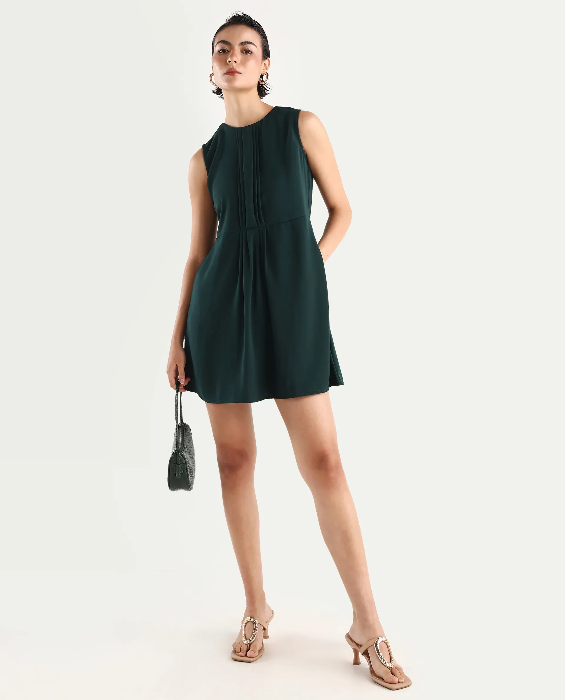 Rareism Women's Roux Olive Polyester Blend Crew Neck Plain Sleeveless Mini Fit And Flare Dress - Image 2