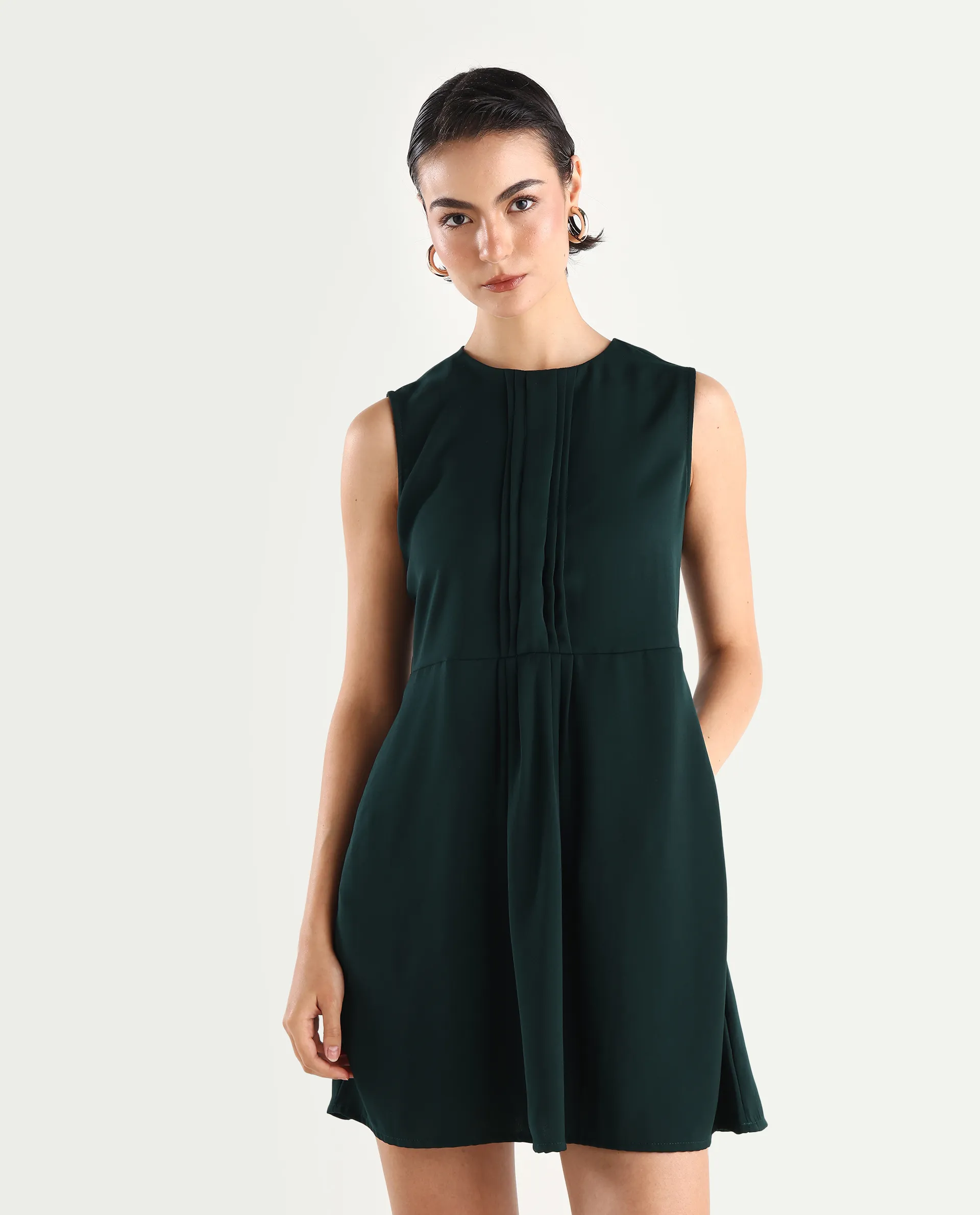 Rareism Women's Roux Olive Polyester Blend Crew Neck Plain Sleeveless Mini Fit And Flare Dress - Image 3
