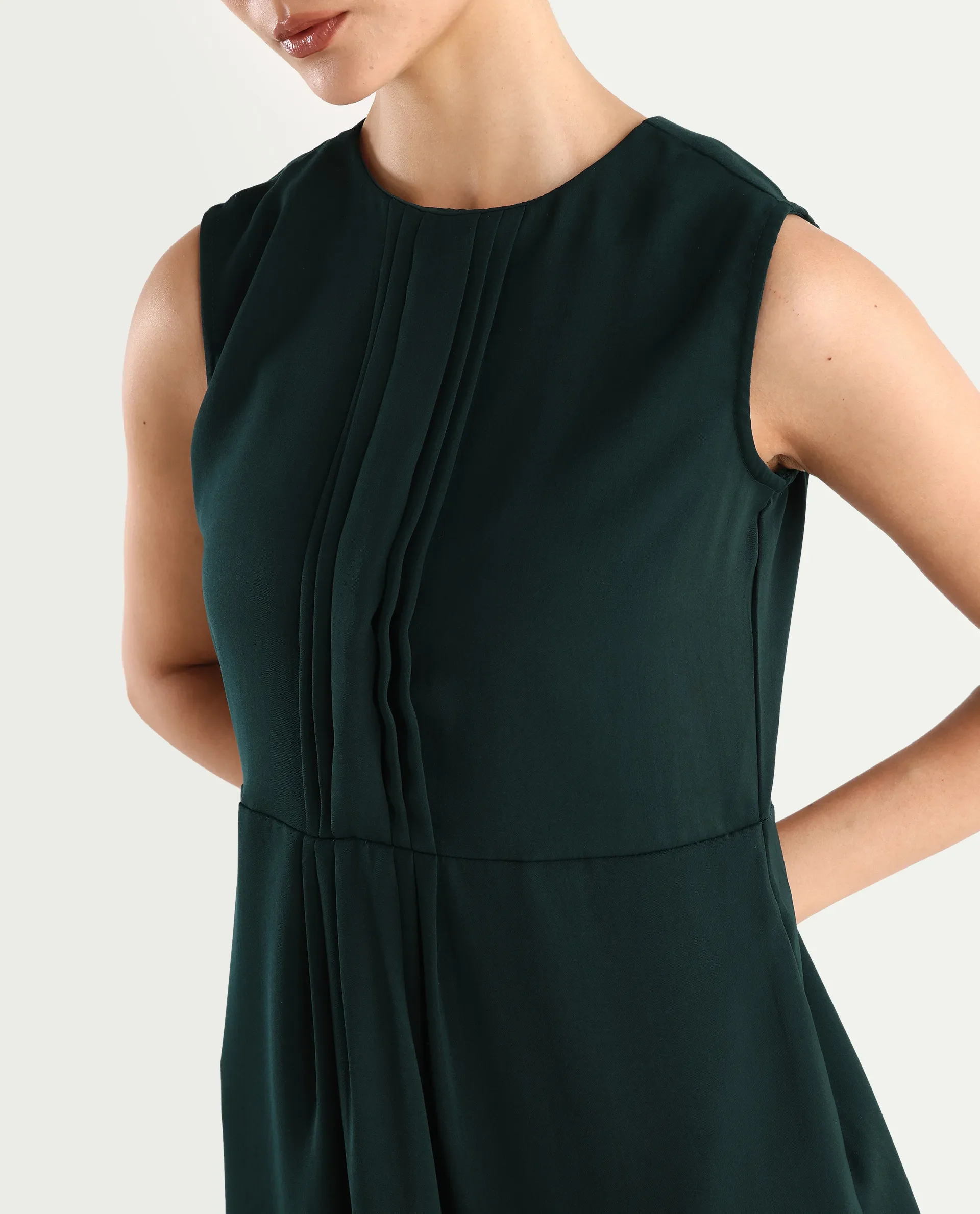 Rareism Women's Roux Olive Polyester Blend Crew Neck Plain Sleeveless Mini Fit And Flare Dress - Image 4