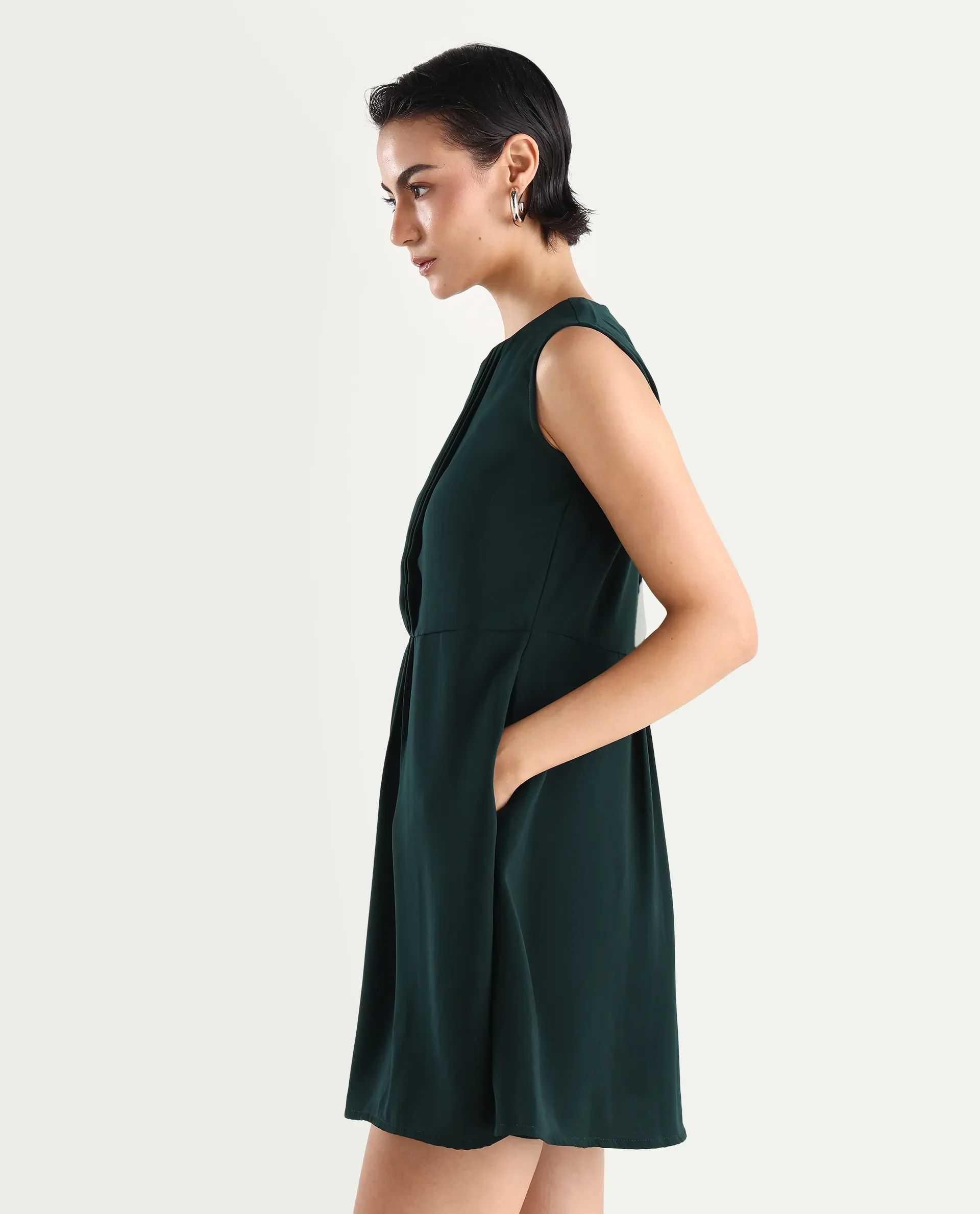 Rareism Women's Roux Olive Polyester Blend Crew Neck Plain Sleeveless Mini Fit And Flare Dress - Image 5