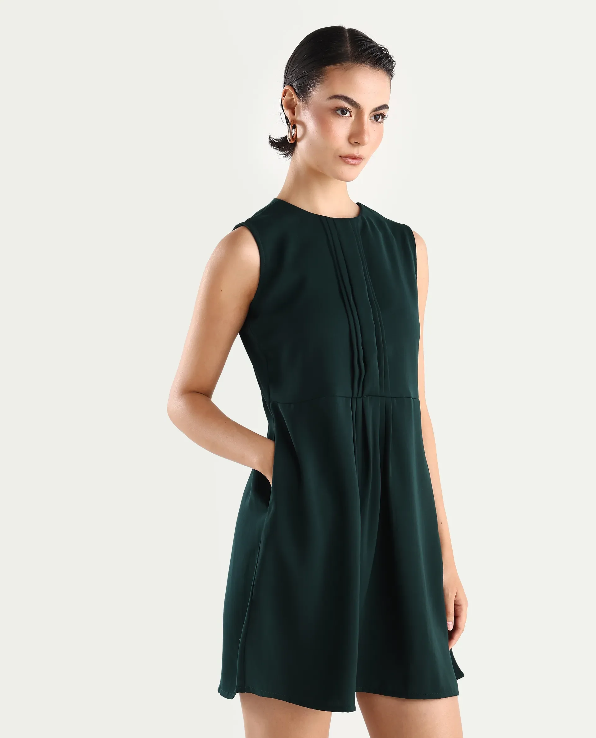 Rareism Women's Roux Olive Polyester Blend Crew Neck Plain Sleeveless Mini Fit And Flare Dress - Image 6