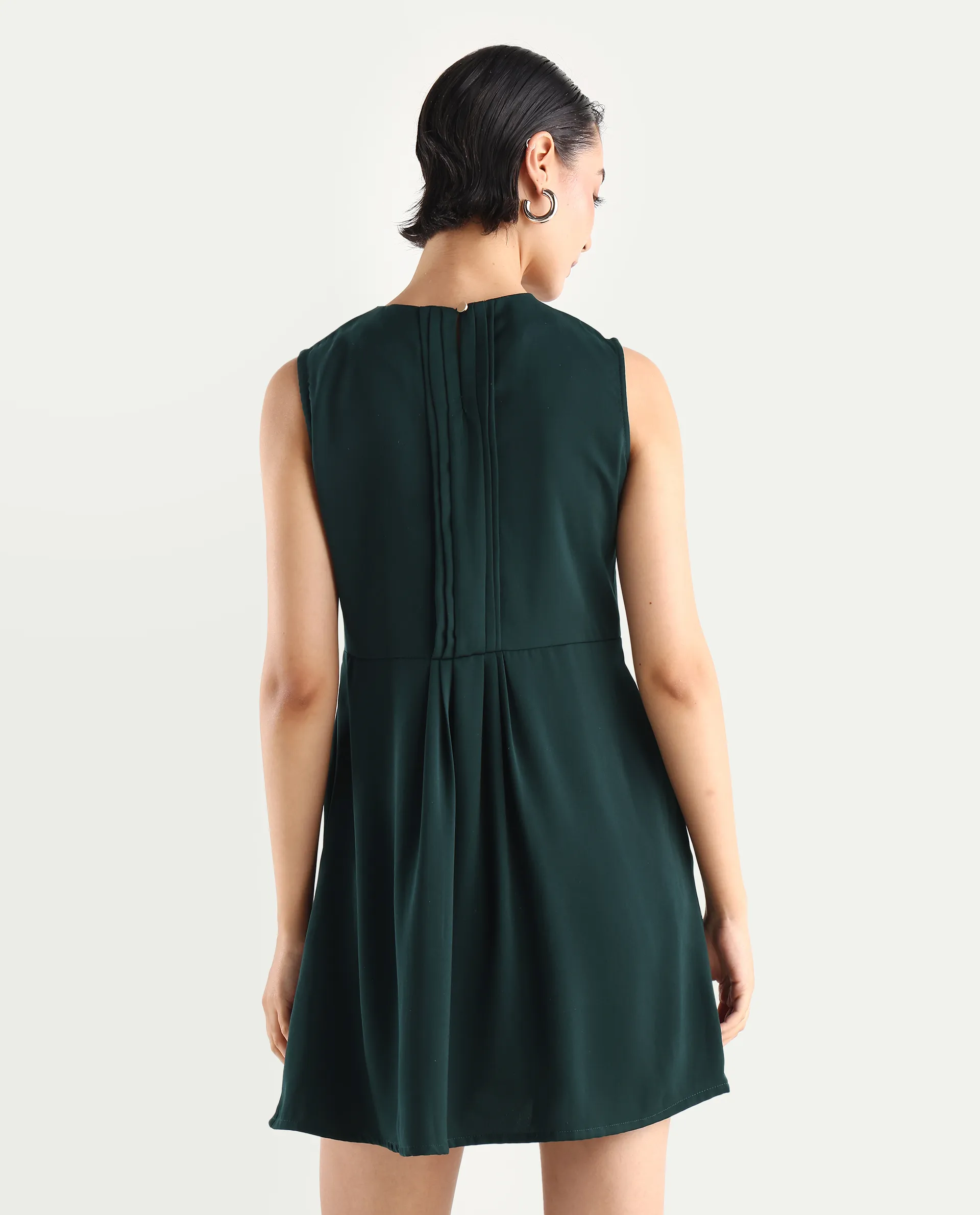Rareism Women's Roux Olive Polyester Blend Crew Neck Plain Sleeveless Mini Fit And Flare Dress - Image 7