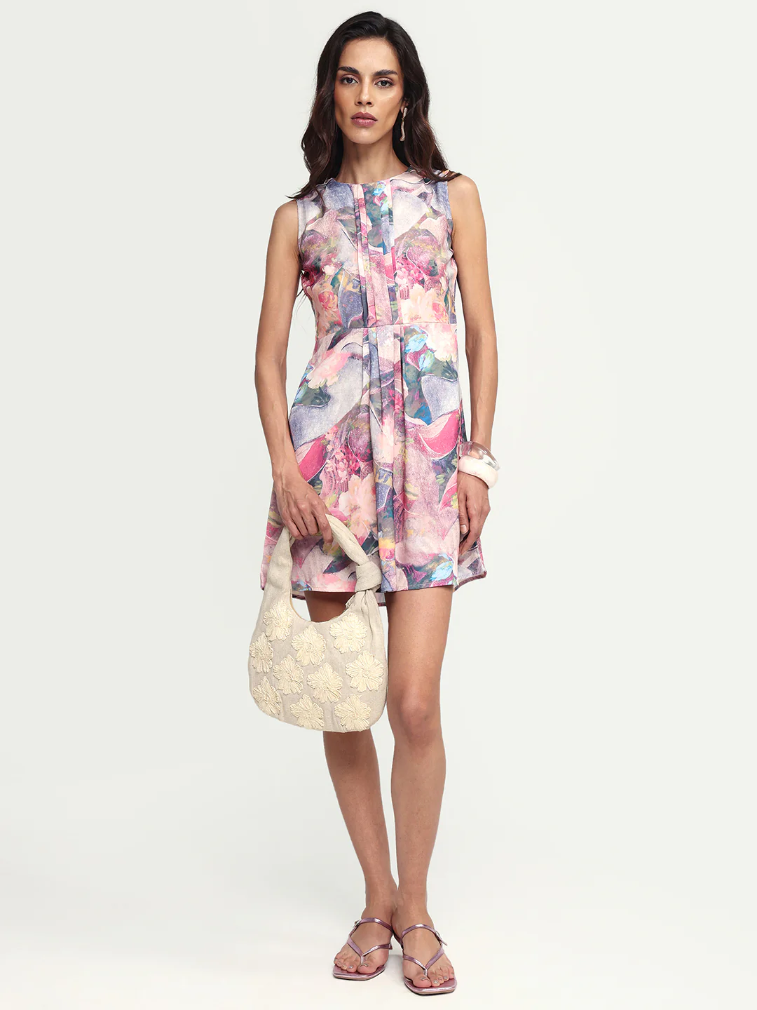 Rareism Women's Rouxi Multi Polyester Blend Crew Neck Abstract Print Sleeveless Mini Fit And Flare Dress
