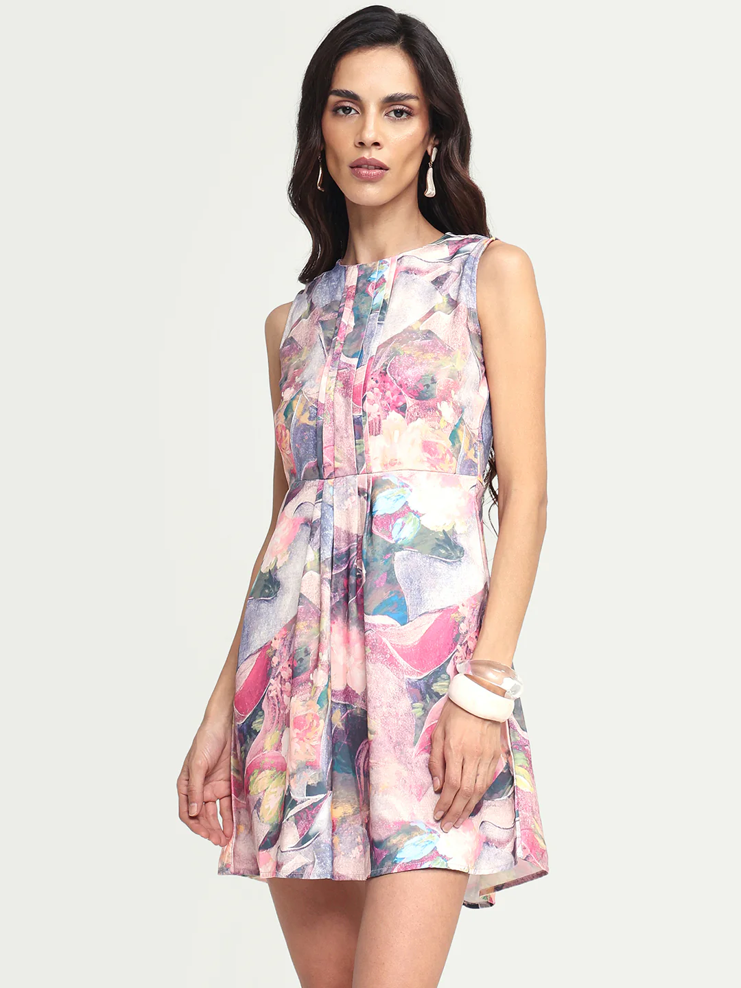 Rareism Women's Rouxi Multi Polyester Blend Crew Neck Abstract Print Sleeveless Mini Fit And Flare Dress - Image 3
