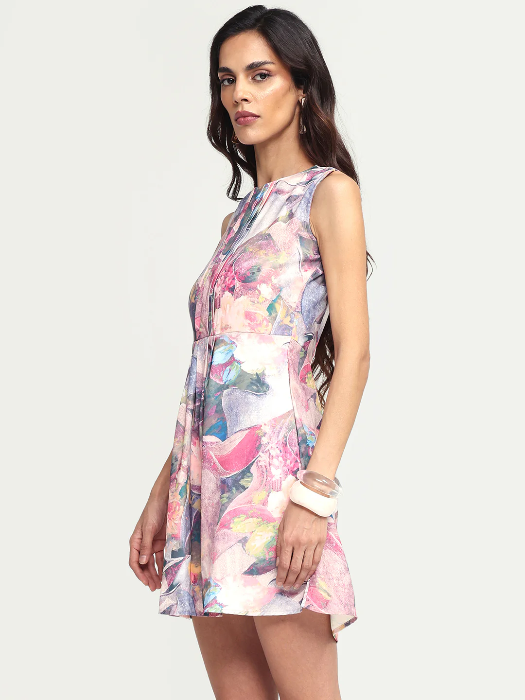 Rareism Women's Rouxi Multi Polyester Blend Crew Neck Abstract Print Sleeveless Mini Fit And Flare Dress - Image 6