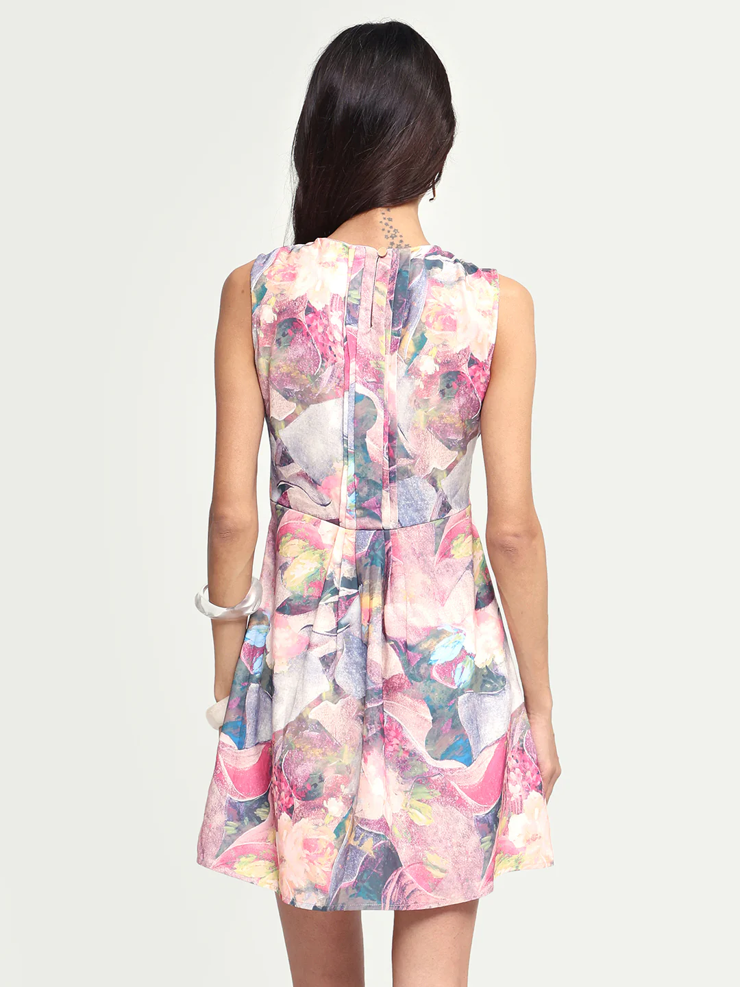 Rareism Women's Rouxi Multi Polyester Blend Crew Neck Abstract Print Sleeveless Mini Fit And Flare Dress - Image 7