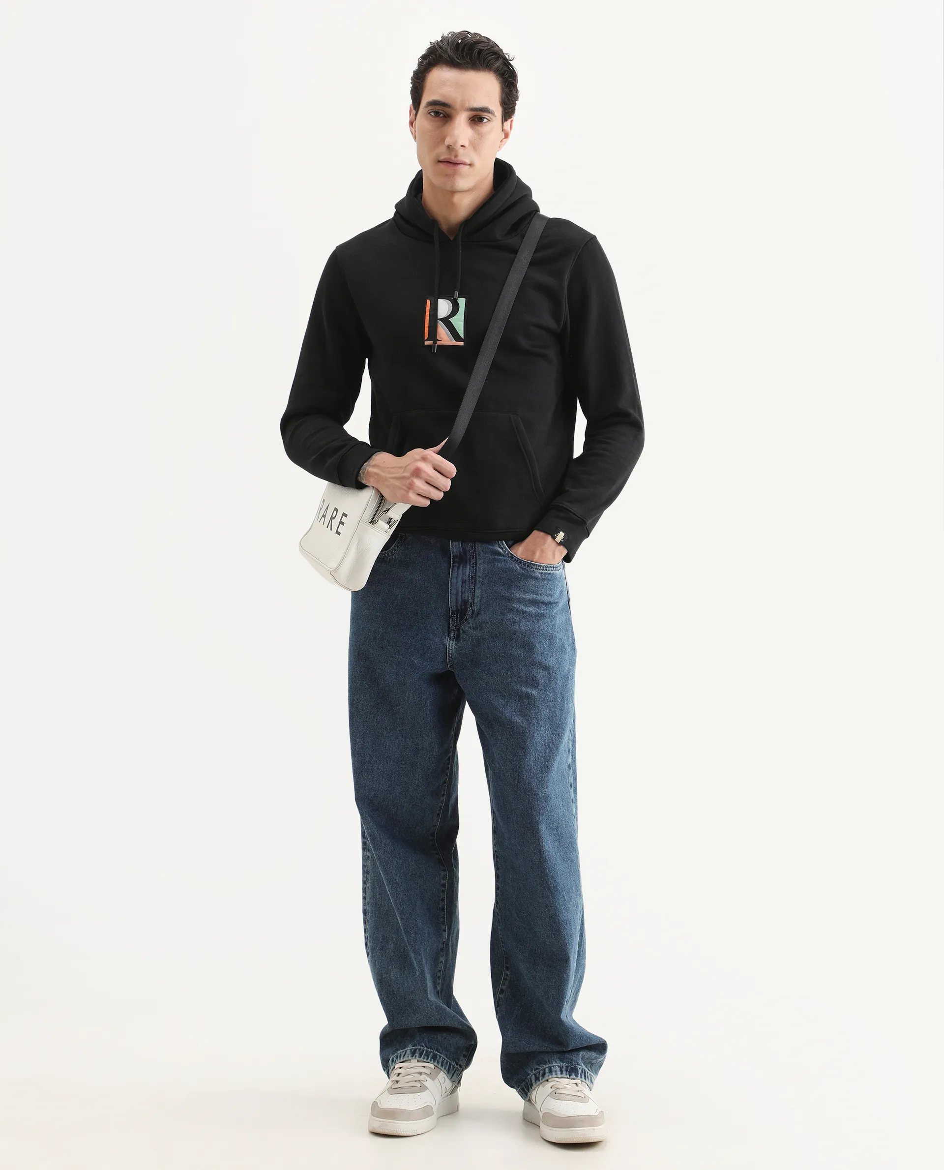 Rare Rabbit Men's Rouyza Black Cotton Graphic Print Slim Fit Full Sleeve Hooded Sweatshirt - Image 2