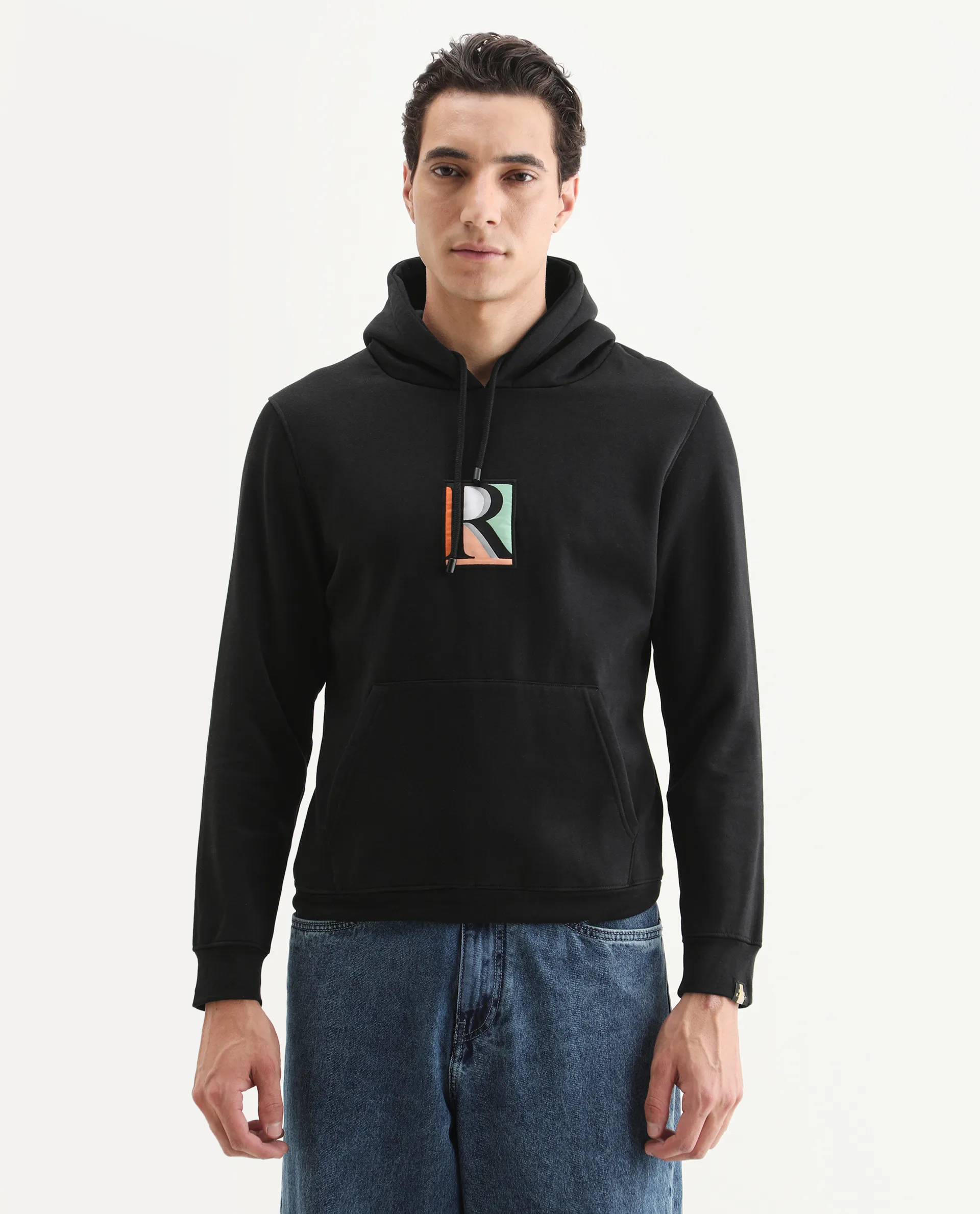 Rare Rabbit Men's Rouyza Black Cotton Graphic Print Slim Fit Full Sleeve Hooded Sweatshirt - Image 3