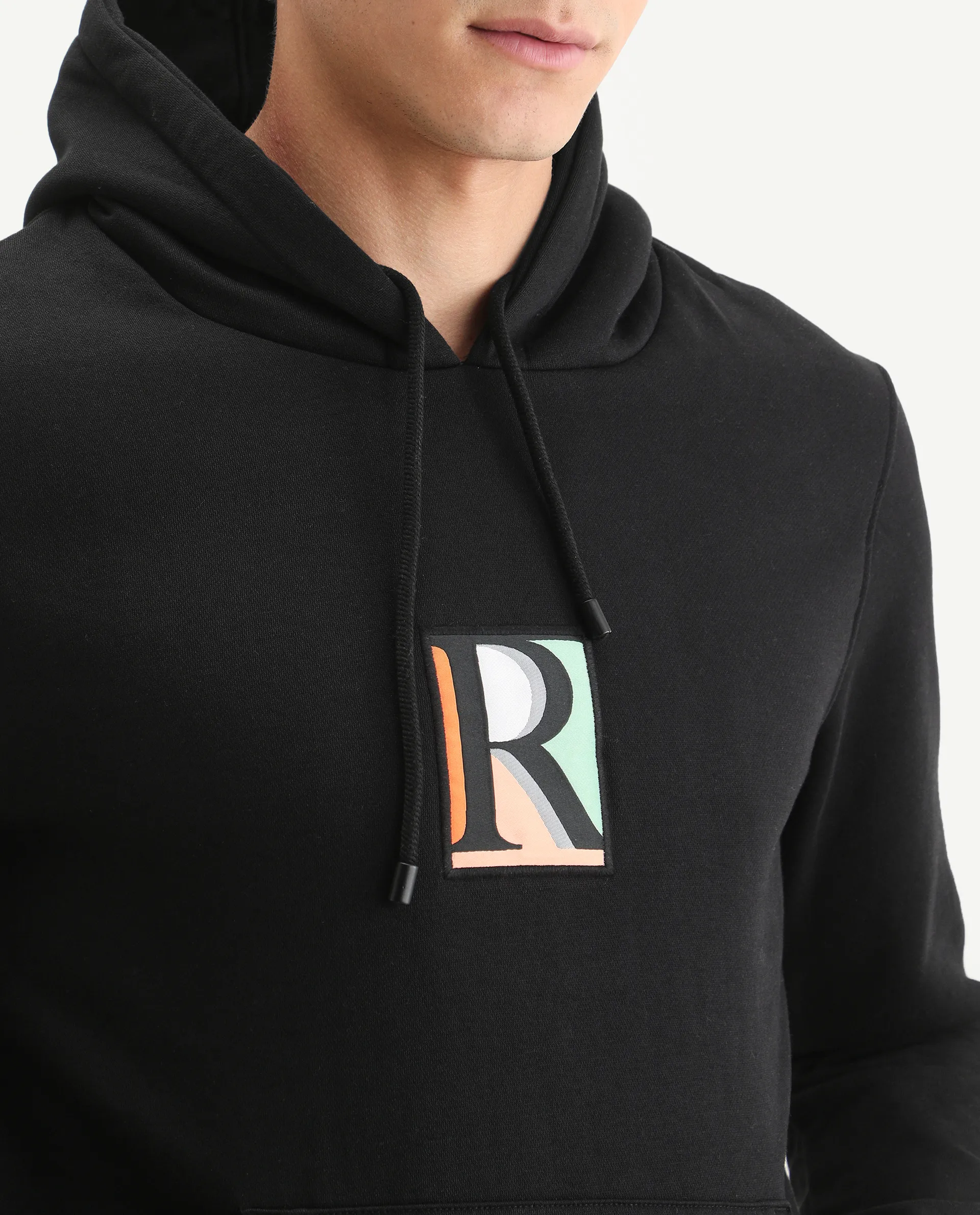 Rare Rabbit Men's Rouyza Black Cotton Graphic Print Slim Fit Full Sleeve Hooded Sweatshirt - Image 4