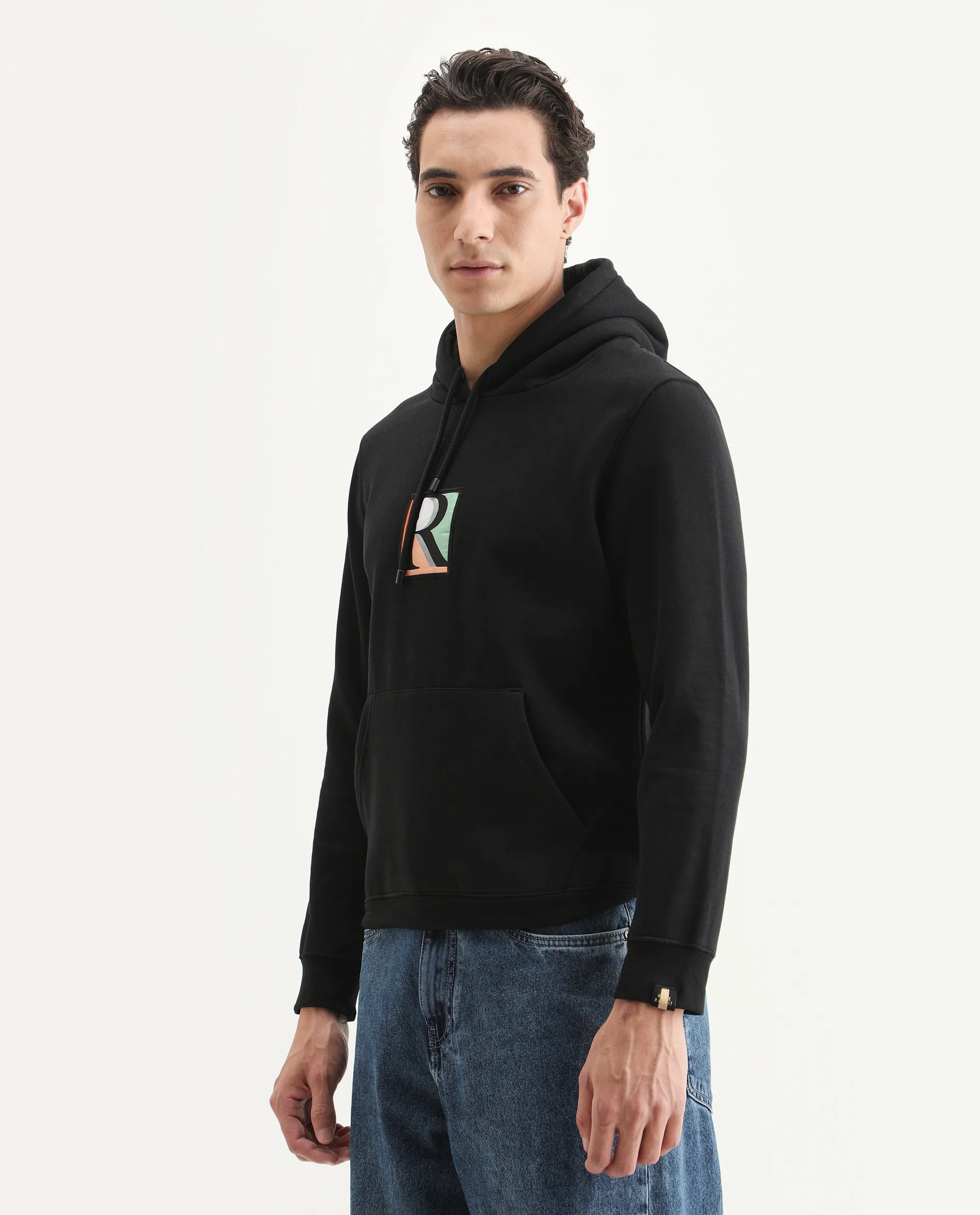 Rare Rabbit Men's Rouyza Black Cotton Graphic Print Slim Fit Full Sleeve Hooded Sweatshirt - Image 5