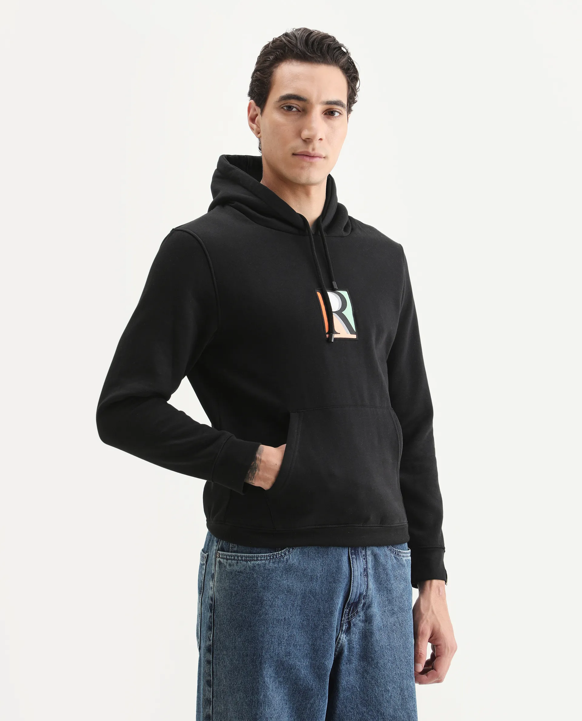 Rare Rabbit Men's Rouyza Black Cotton Graphic Print Slim Fit Full Sleeve Hooded Sweatshirt - Image 6